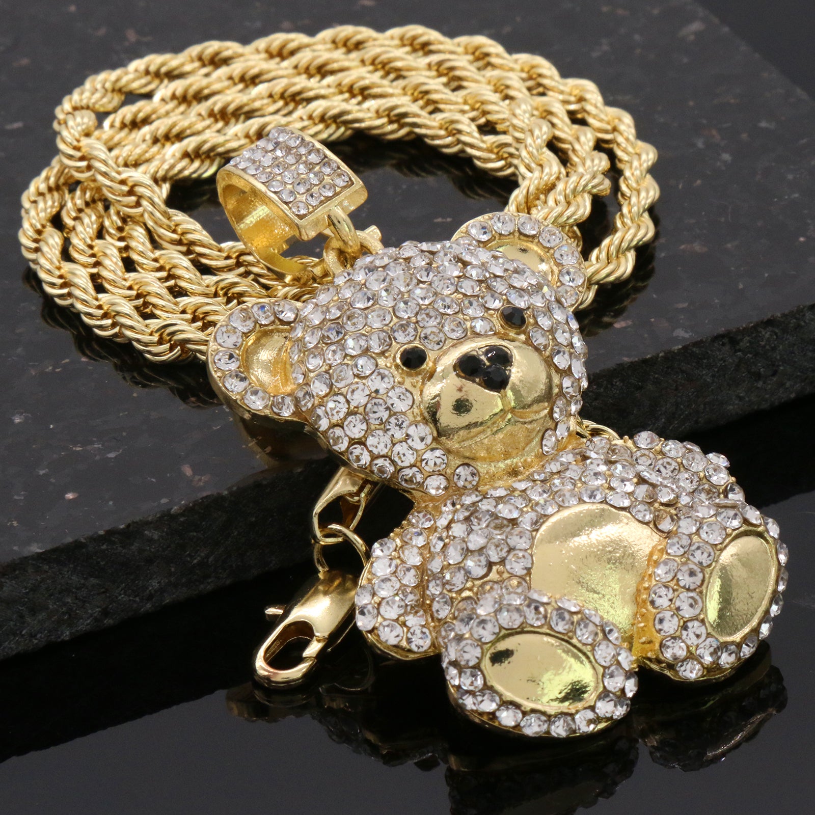 Cz Teddy Bear Pendant 24"Inch 4mm Rope Chain