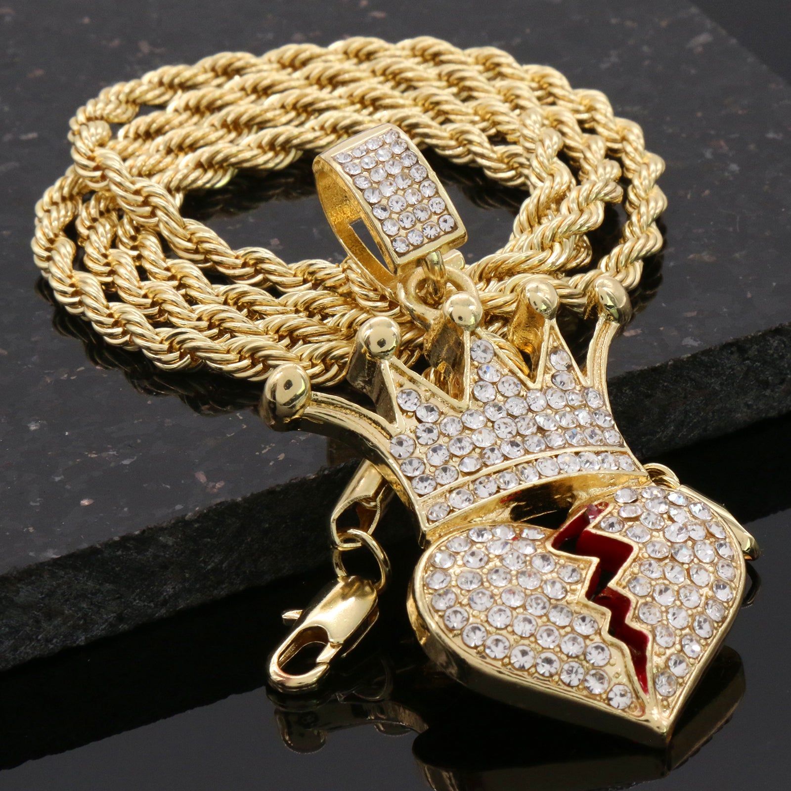 Cz Crown Broken Heart Pendant 24"Inch 4mm Rope Chain