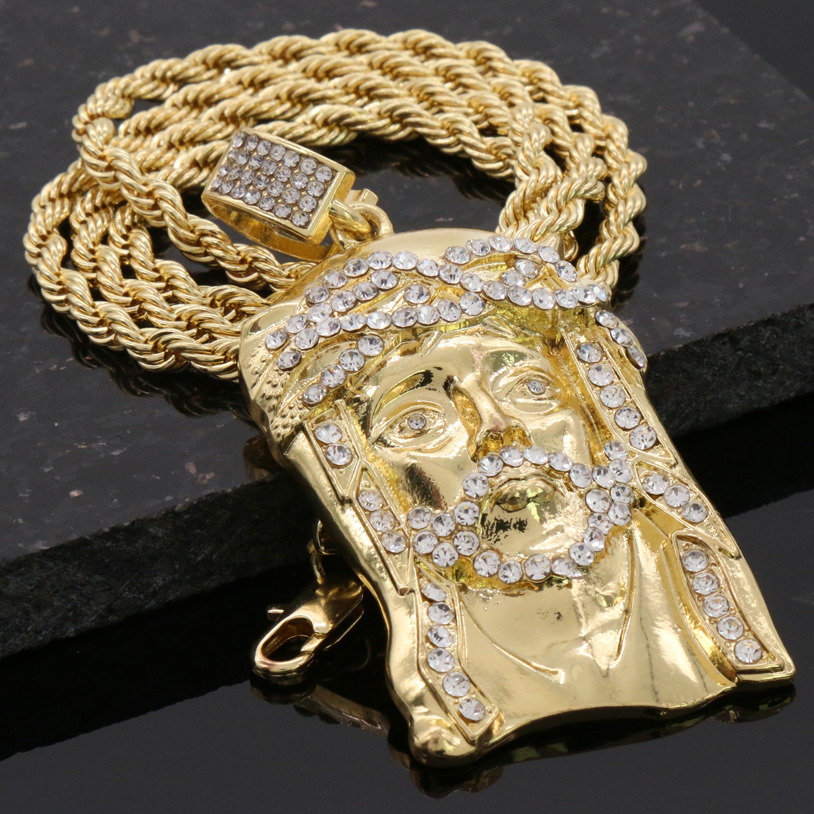 Cz Crown Jesus Face Pendant 24"Inch 4mm Rope Chain