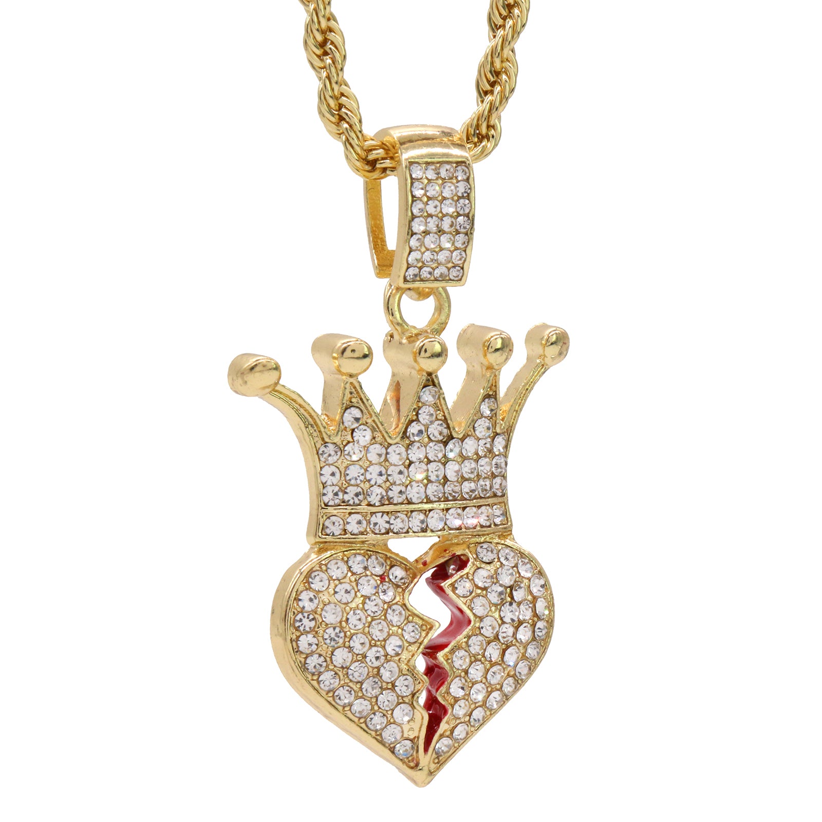 Cz Crown Broken Heart Pendant 24"Inch 4mm Rope Chain