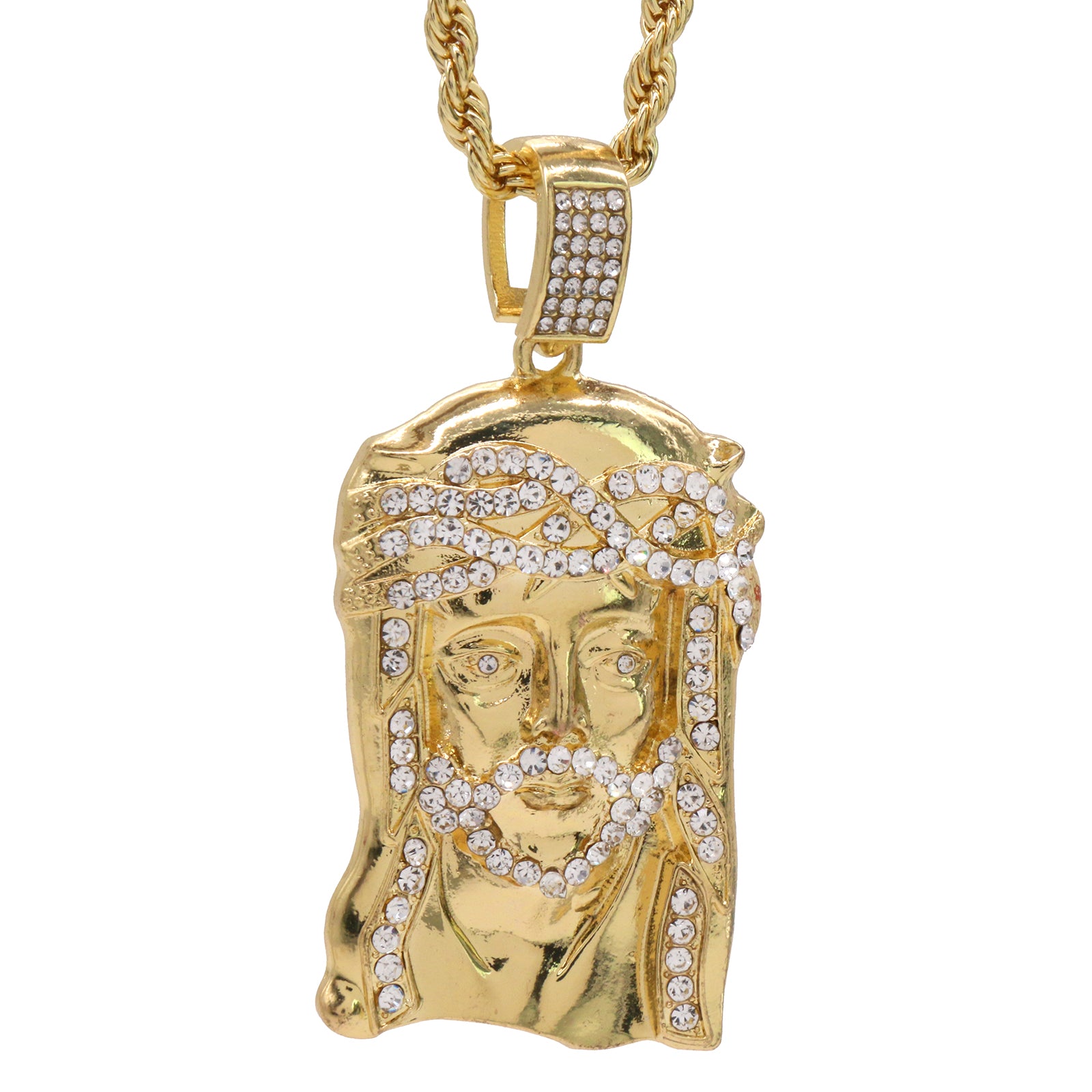 Cz Crown Jesus Face Pendant 24"Inch 4mm Rope Chain