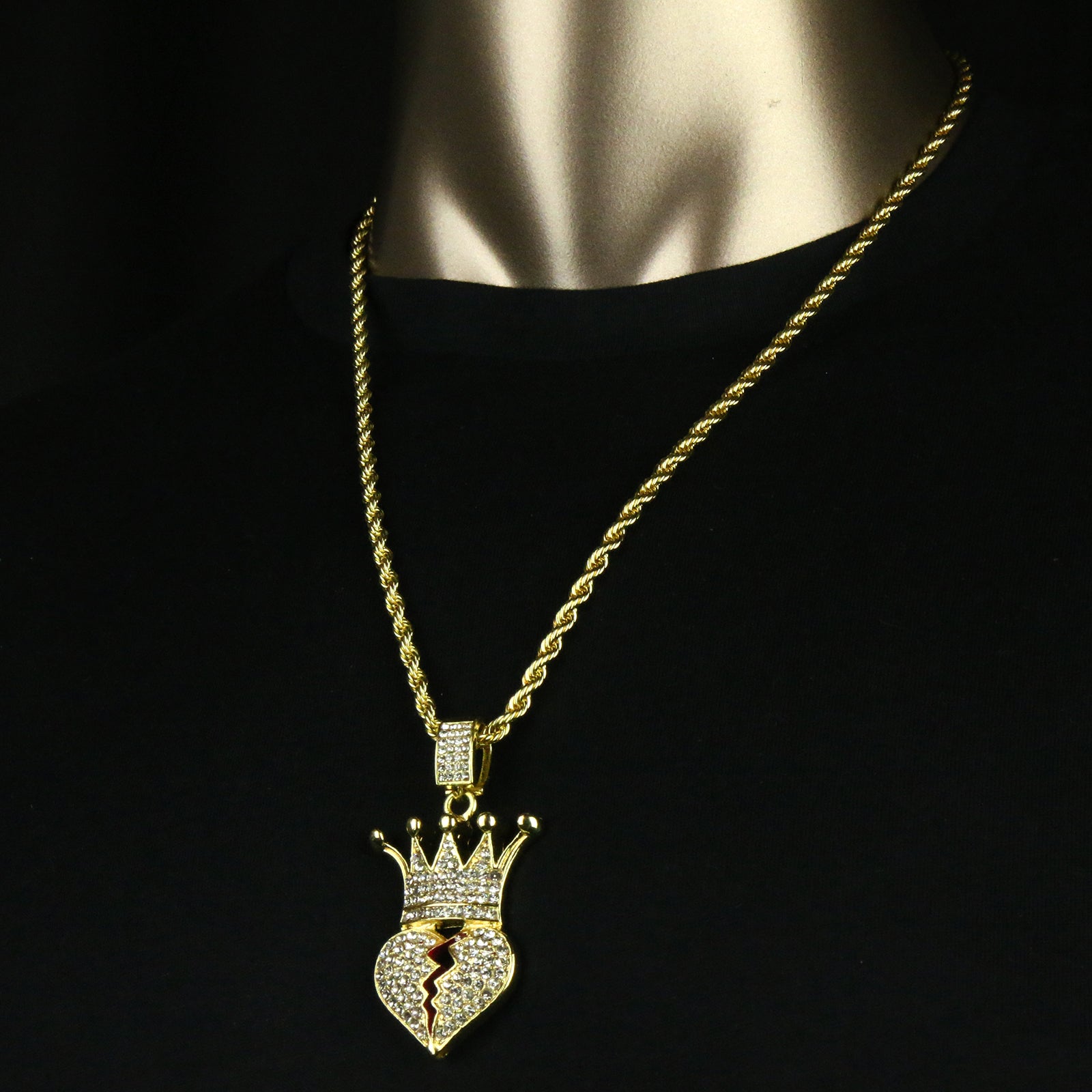 Cz Crown Broken Heart Pendant 24"Inch 4mm Rope Chain