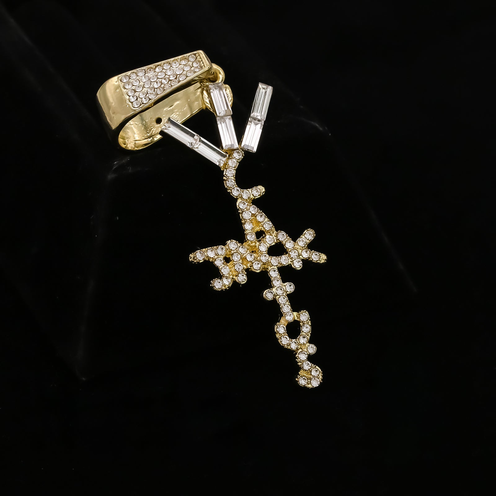 Cactus letter Cross Cz 4 Pcs Set Puffy Mariner Spike Chain, Tennis Chain & Miami Cuban Chain Bundle Gold PT