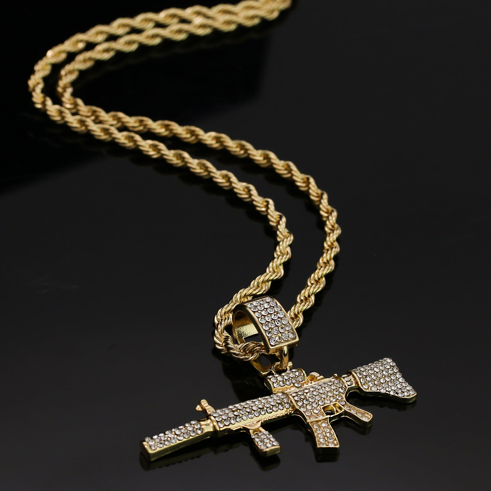 14k Gold Plated Hip-Hop Cz AR-15 Pendant 20" Choker Rope Chain Necklace