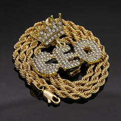 14k Gold Plated Hip-Hop Cz Crown CEO Pendant 20" Choker Rope Chain Necklace
