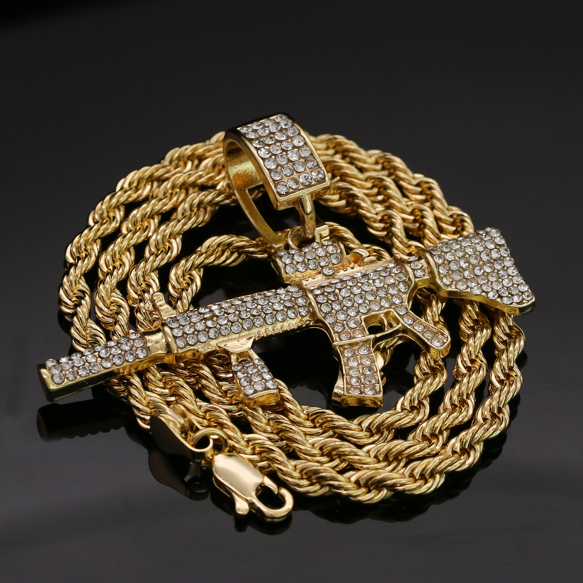 14k Gold Plated Hip-Hop Cz AR-15 Pendant 20" Choker Rope Chain Necklace