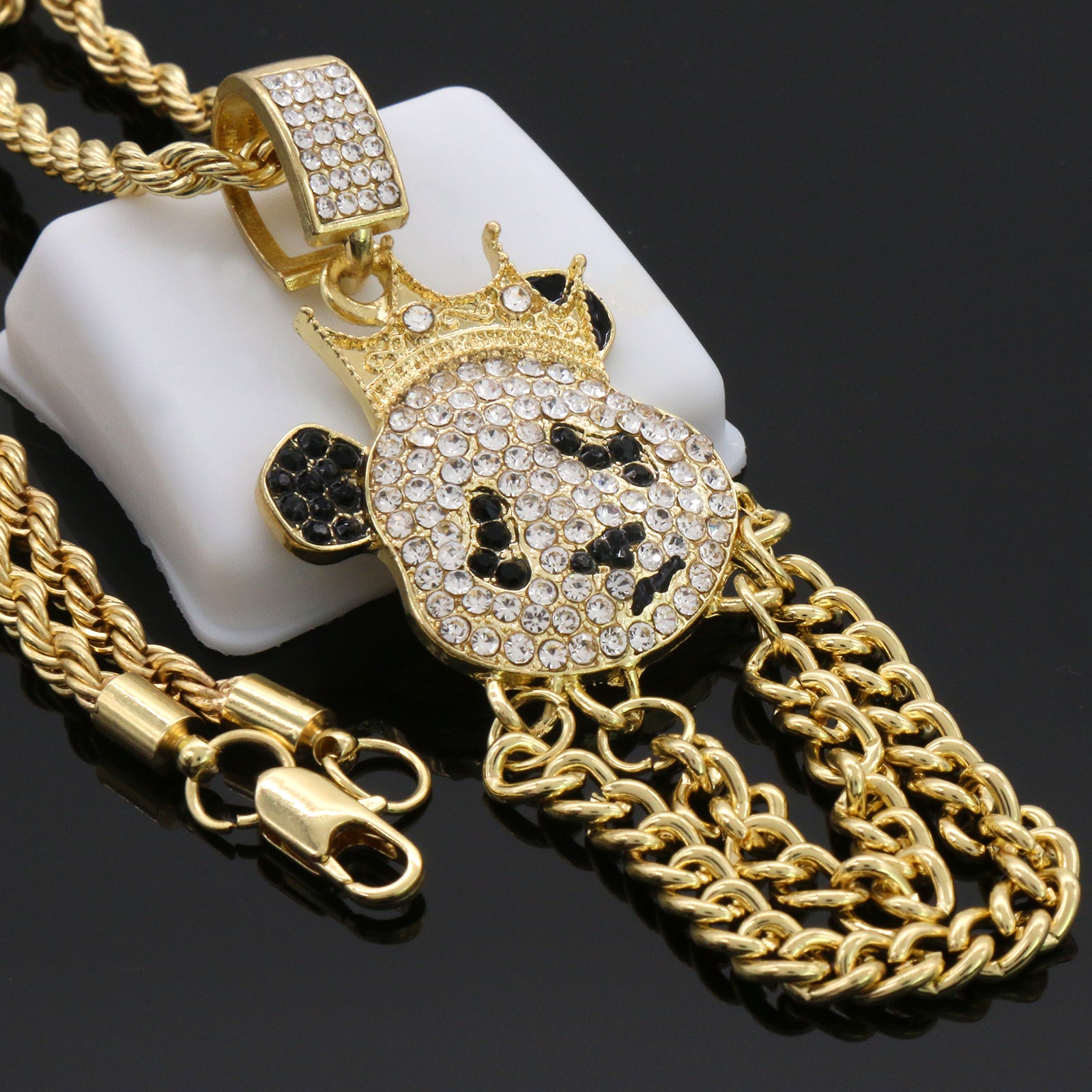 Cz Panda Crown Pendant 24"Inch 4mm Rope Chain
