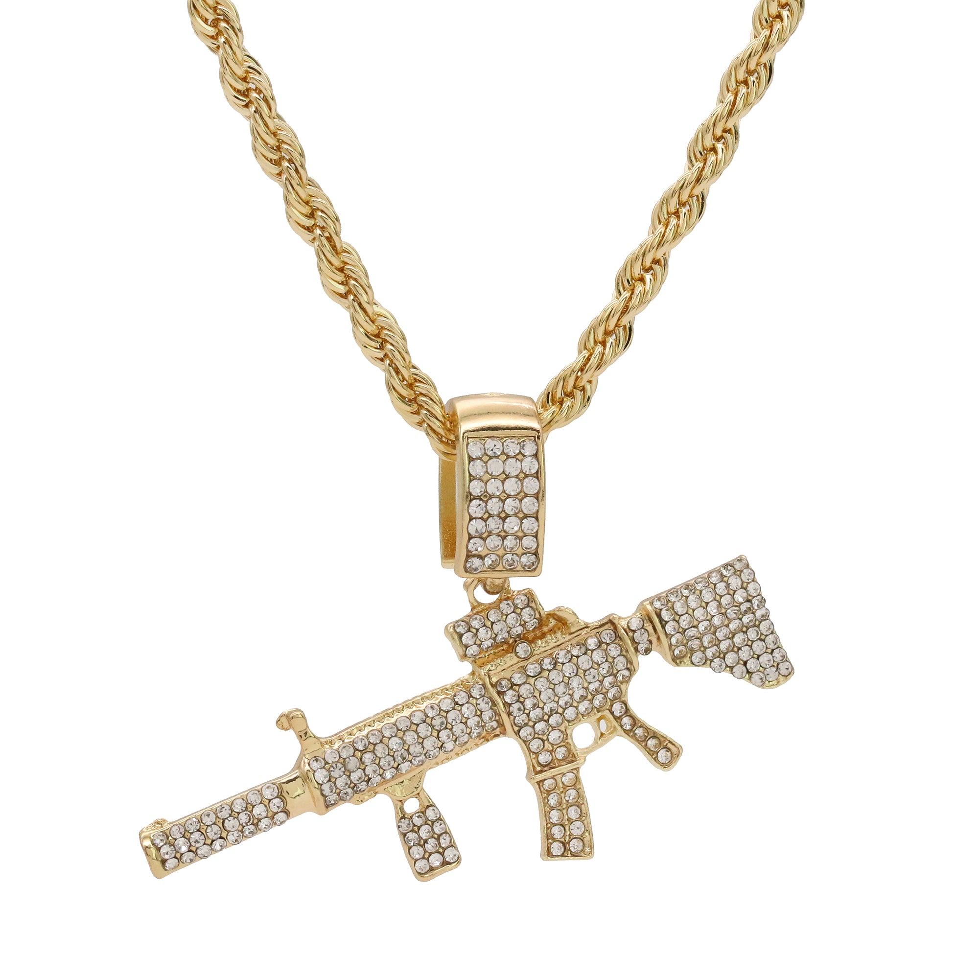 14k Gold Plated Hip-Hop Cz AR-15 Pendant 20" Choker Rope Chain Necklace