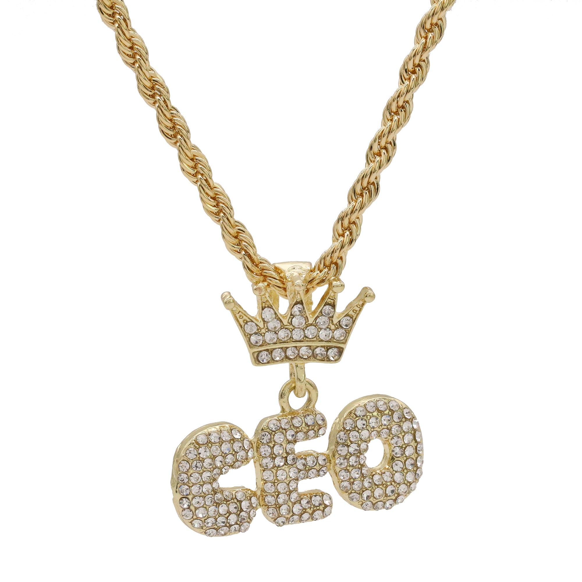 14k Gold Plated Hip-Hop Cz Crown CEO Pendant 20" Choker Rope Chain Necklace