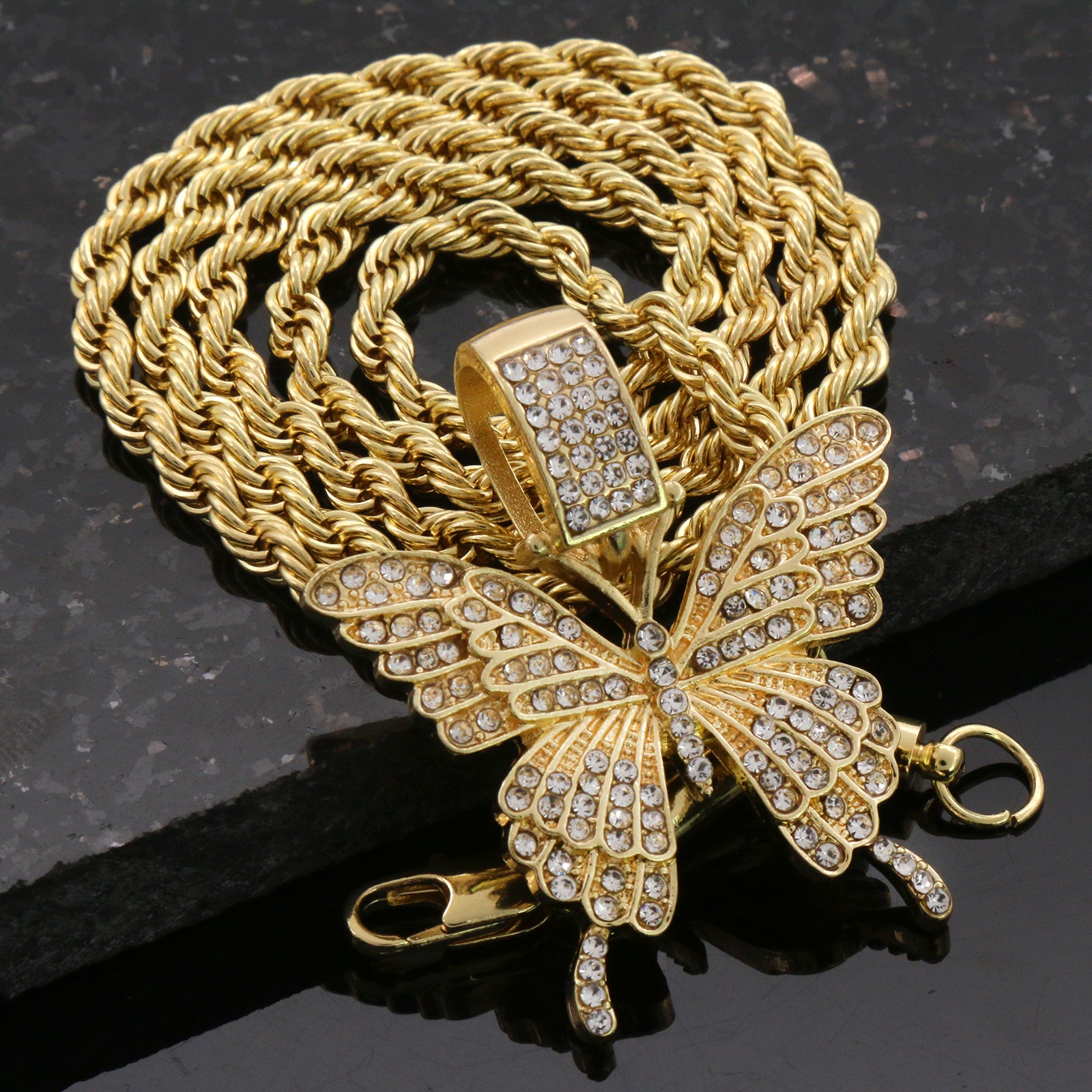 Cz Butterfly Pendant 24"Inch 4mm Rope Chain