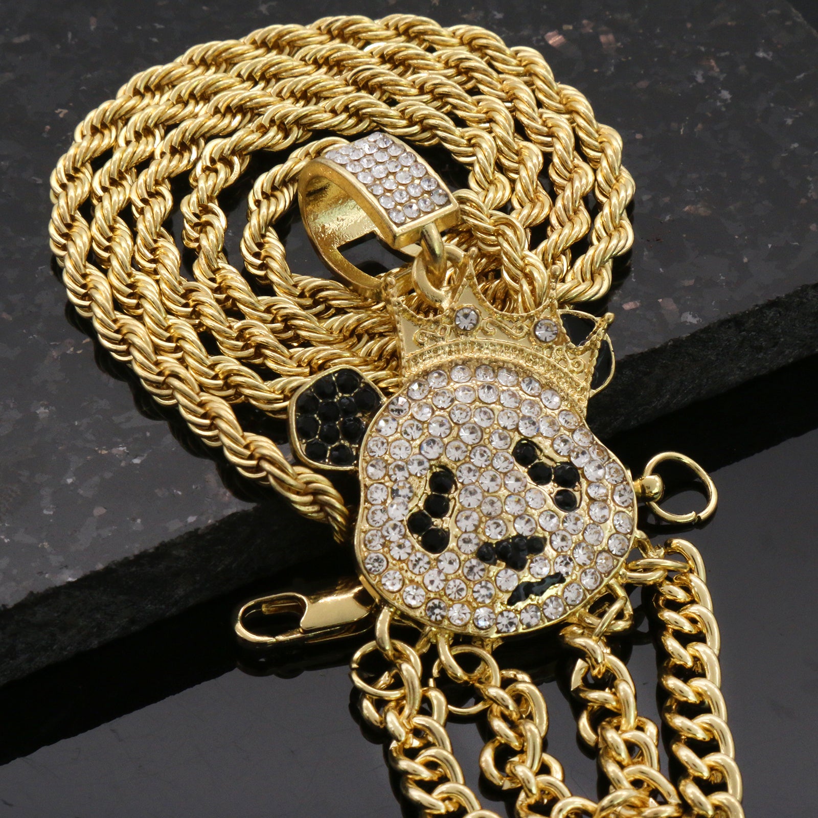 Cz Panda Crown Pendant 24"Inch 4mm Rope Chain