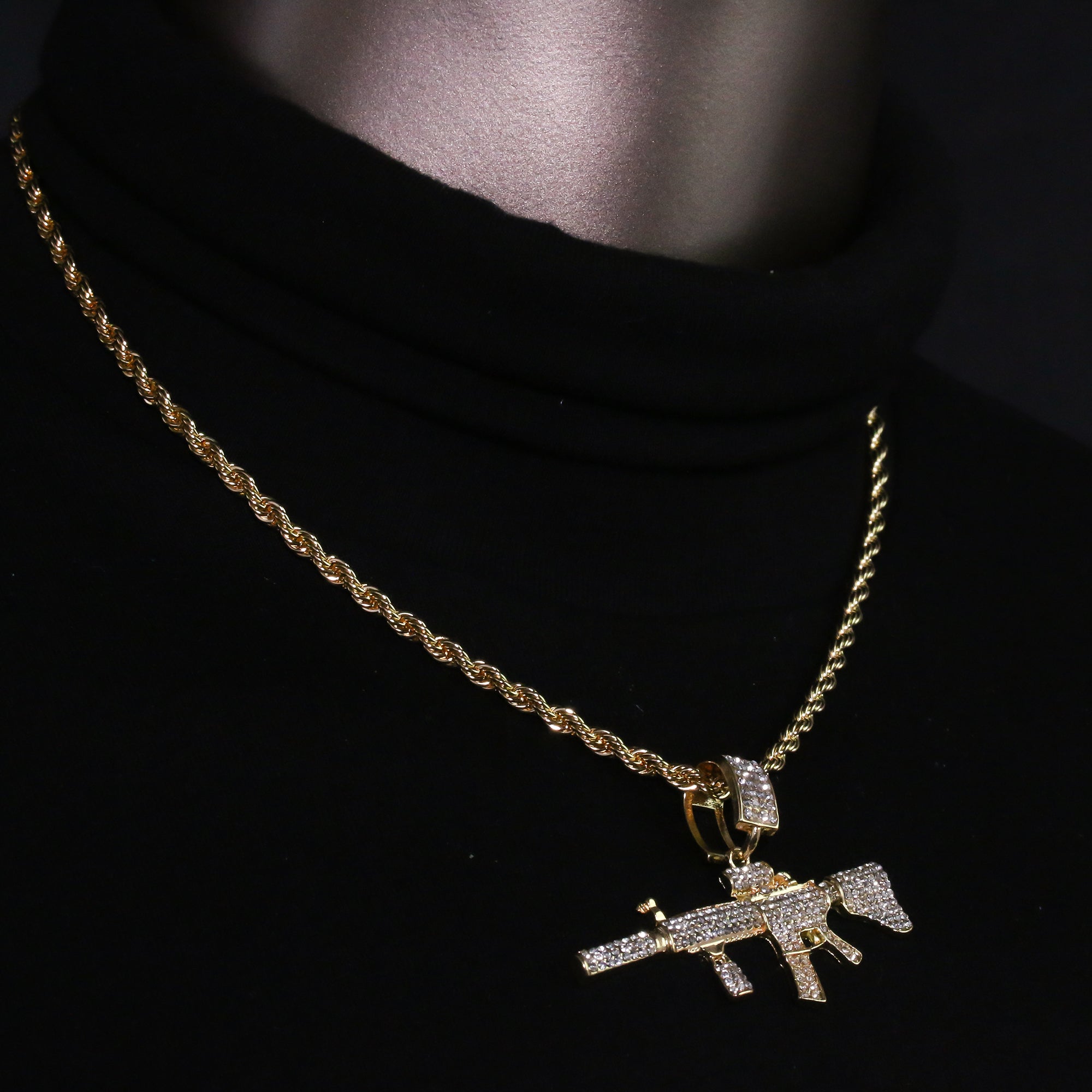 14k Gold Plated Hip-Hop Cz AR-15 Pendant 20" Choker Rope Chain Necklace