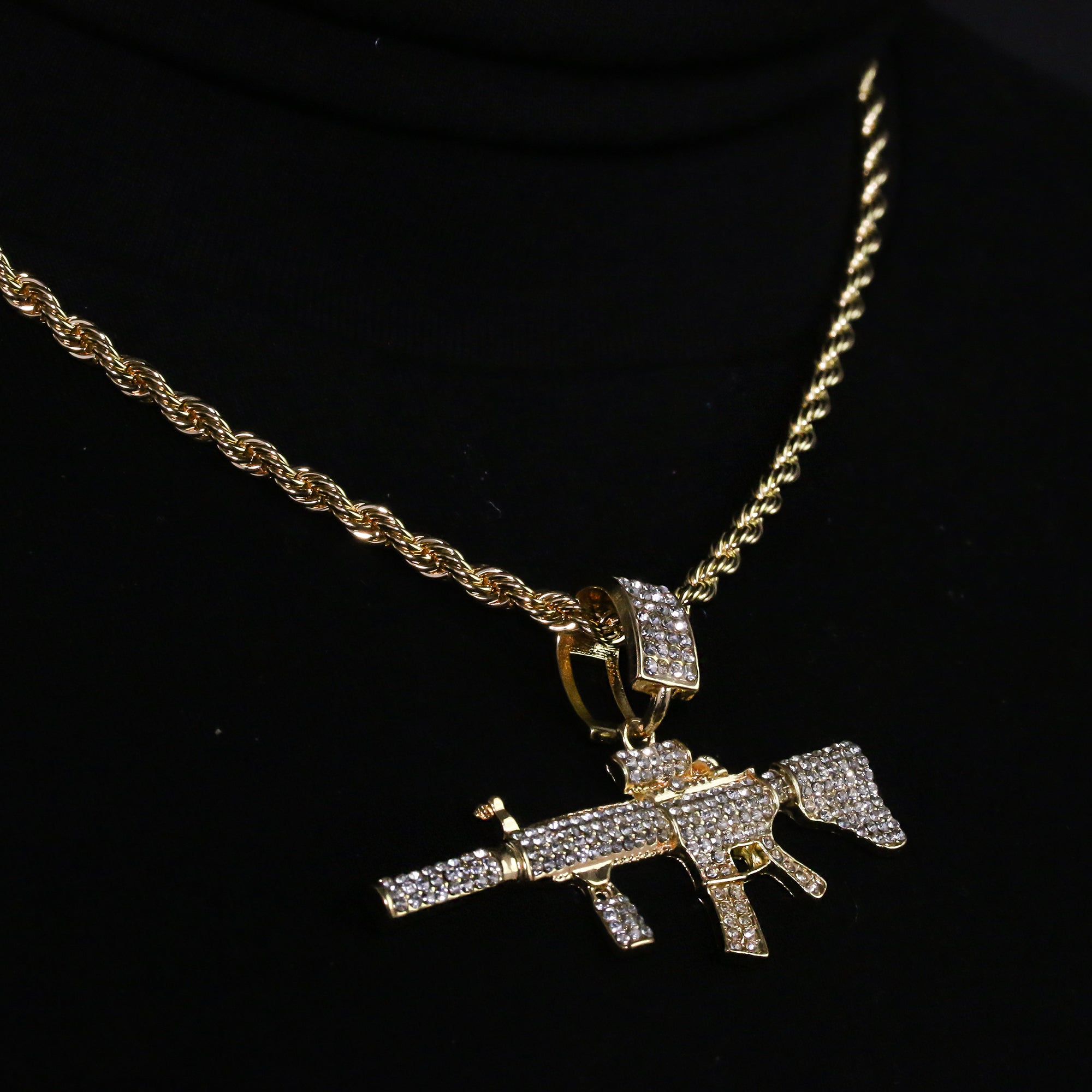 14k Gold Plated Hip-Hop Cz AR-15 Pendant 20" Choker Rope Chain Necklace