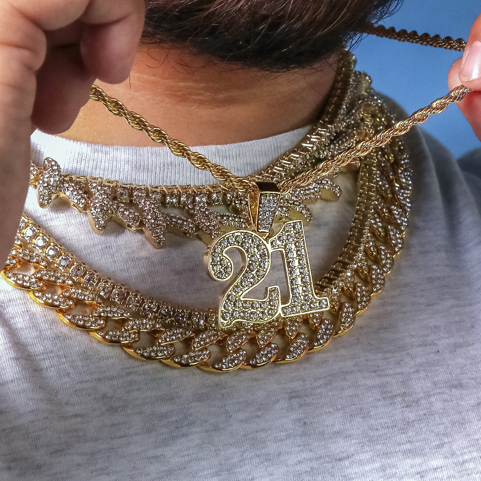 21 Pendant 24" Rope Chain Men's 18k Gold Plated Jewelry