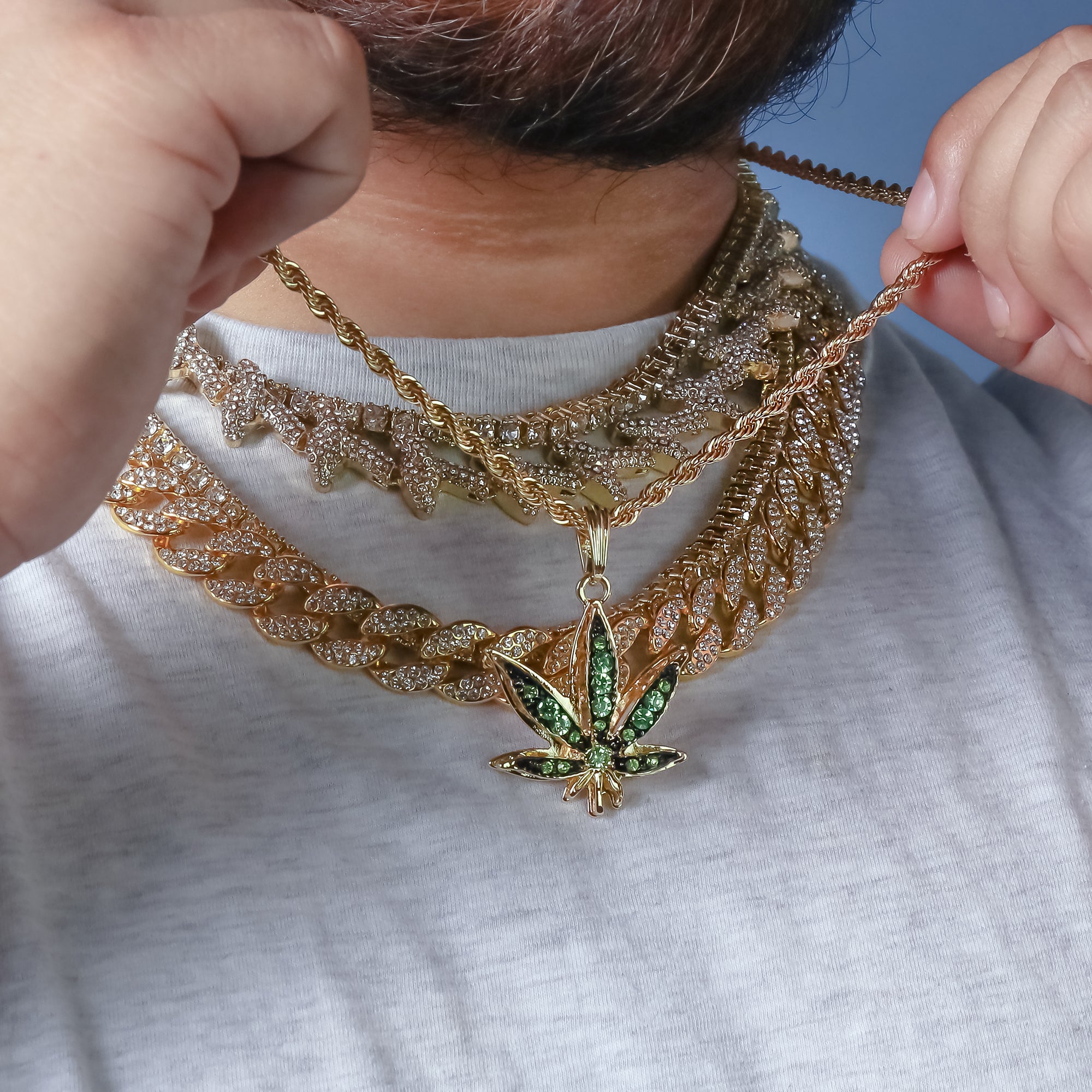 Green Marijuana Pendant 24" Rope Chain Hip Hop 18k Jewelry Necklace
