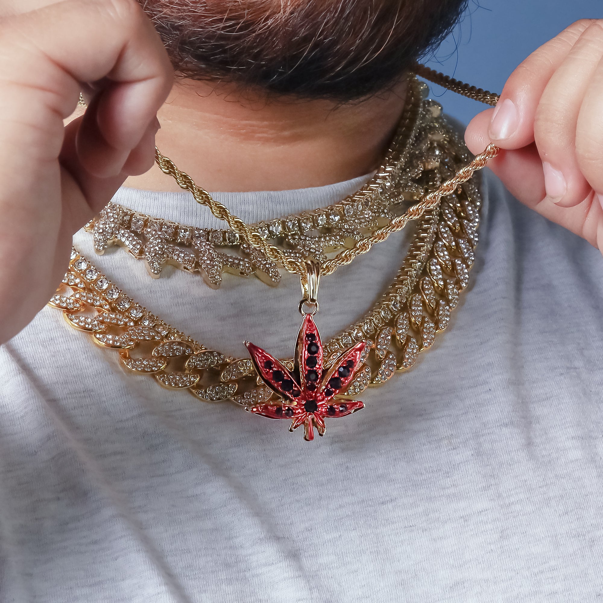 Red Marijuana Pendant 24" Rope Chain Hip Hop 18k Jewelry Necklace