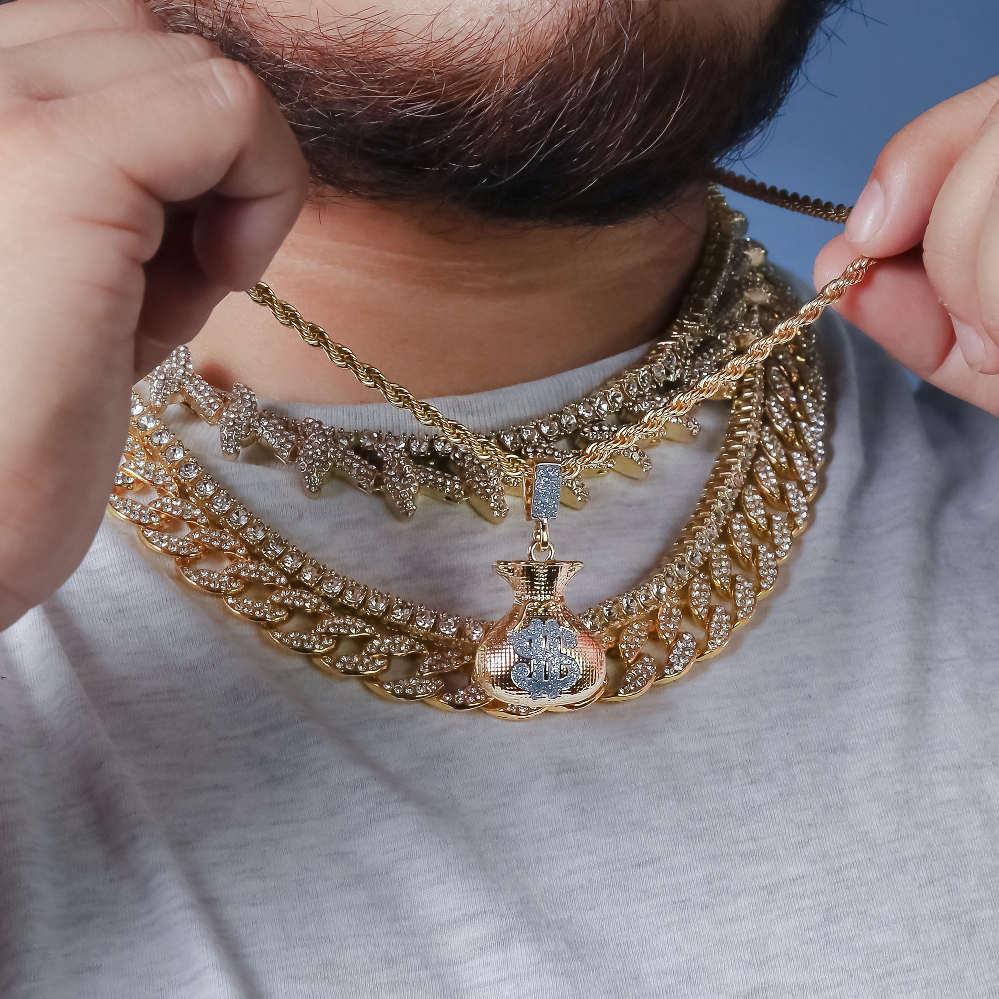Stardust Money Bag Pendant 24" Rope Chain Hip Hop 18k Jewelry Necklace