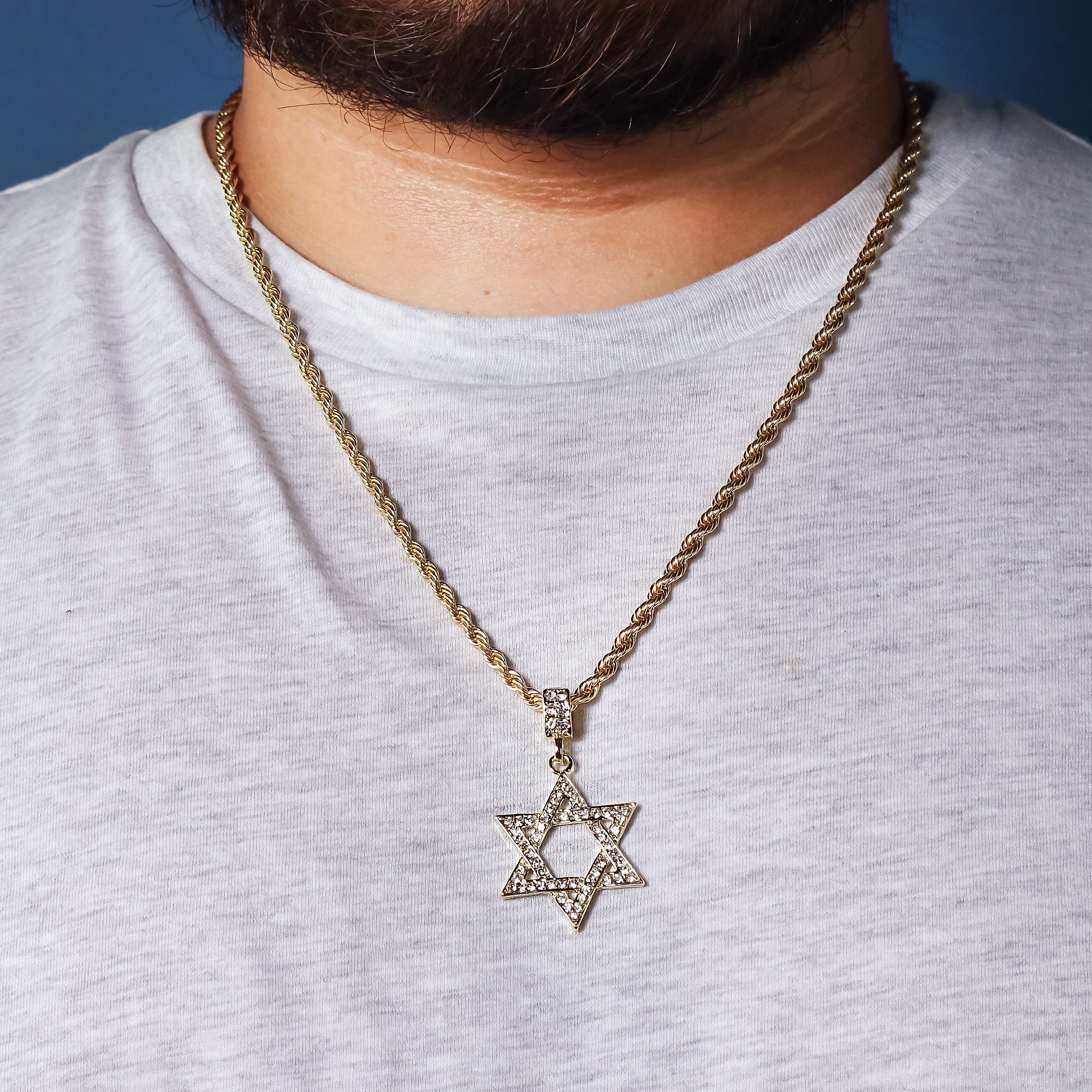 Star Of David Pendant 24" Rope Chain Hip Hop 18k Jewelry Necklace J1