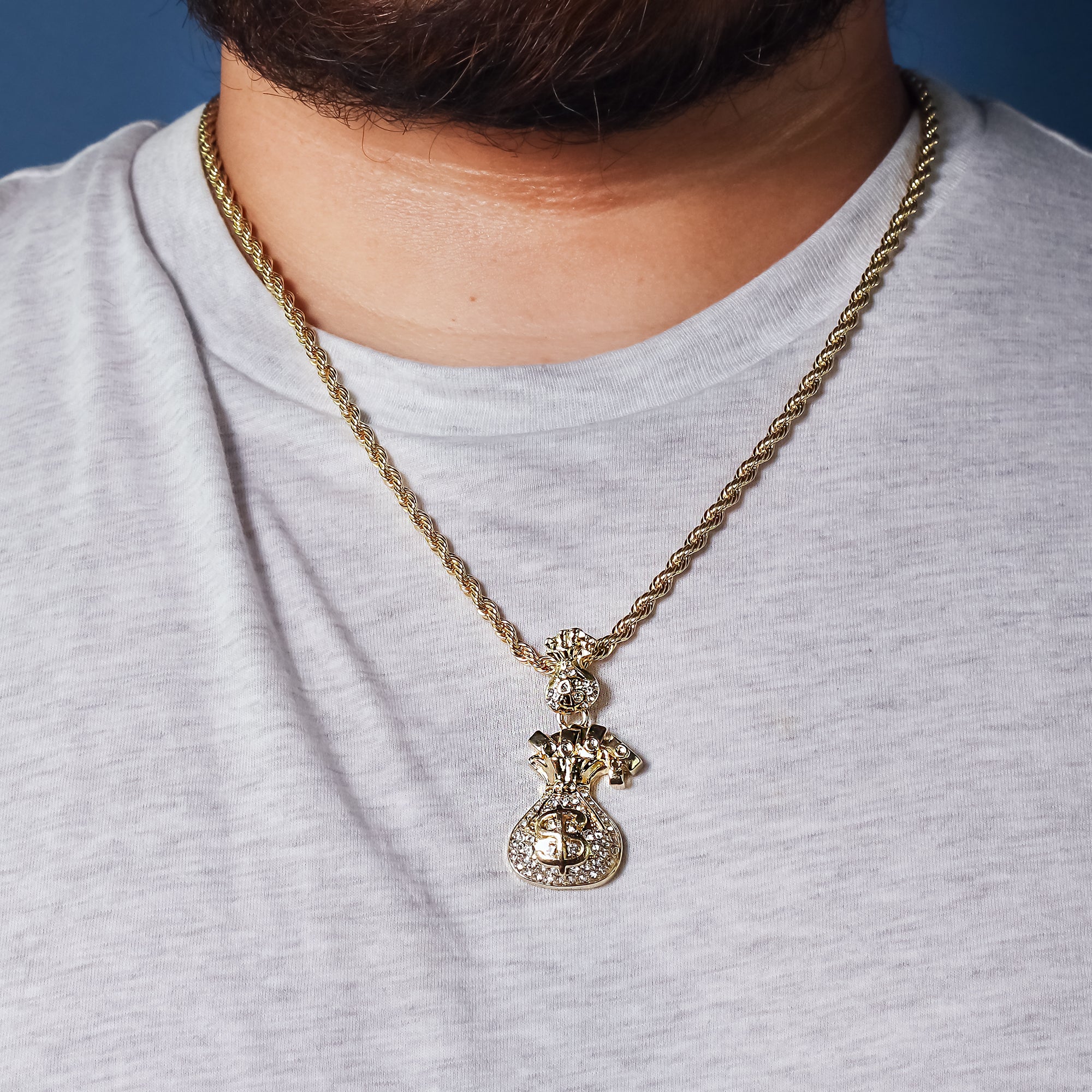 Cz Money Bag Pendant 24" Rope Chain Hip Hop 18k Jewelry Necklace