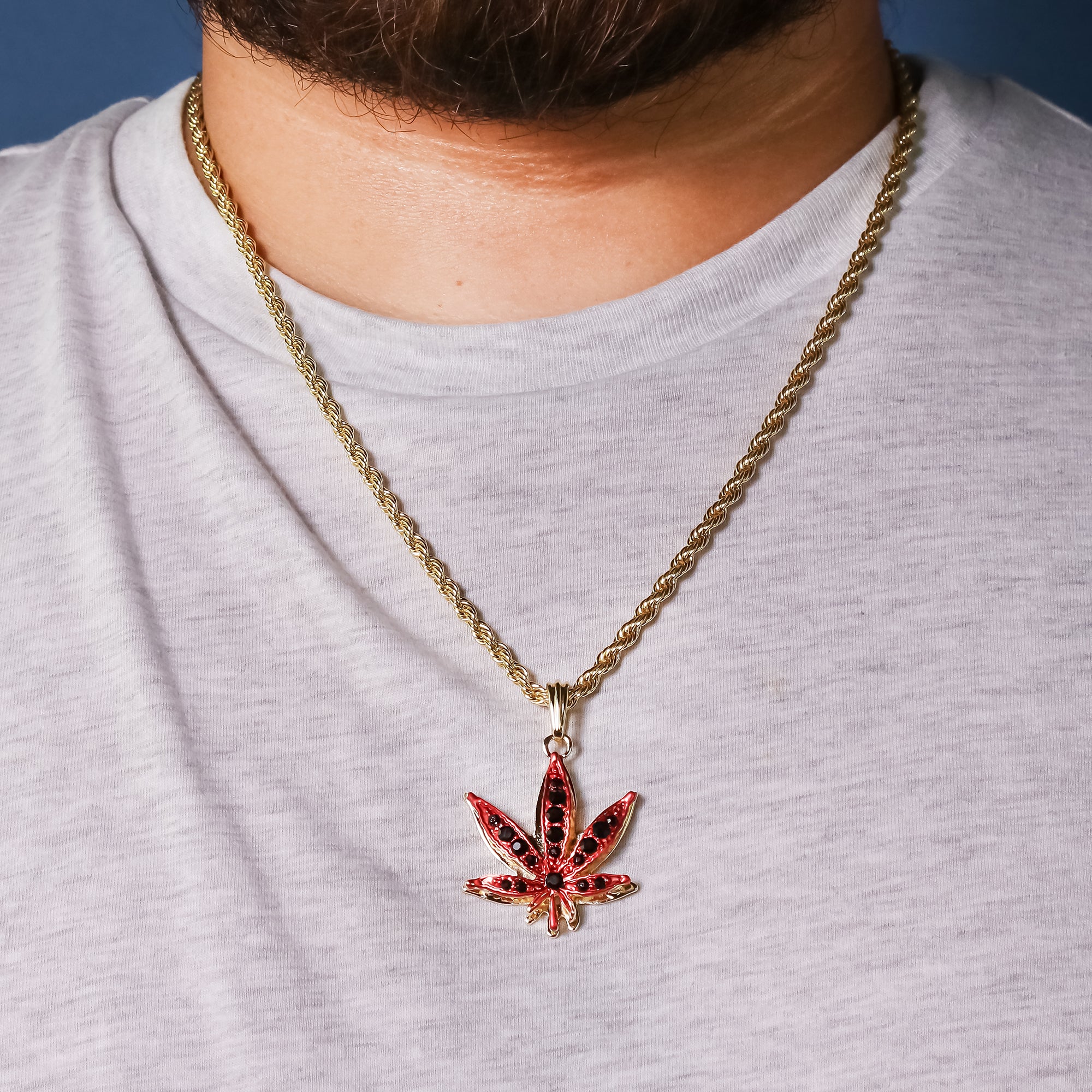 Red Marijuana Pendant 24" Rope Chain Hip Hop 18k Jewelry Necklace