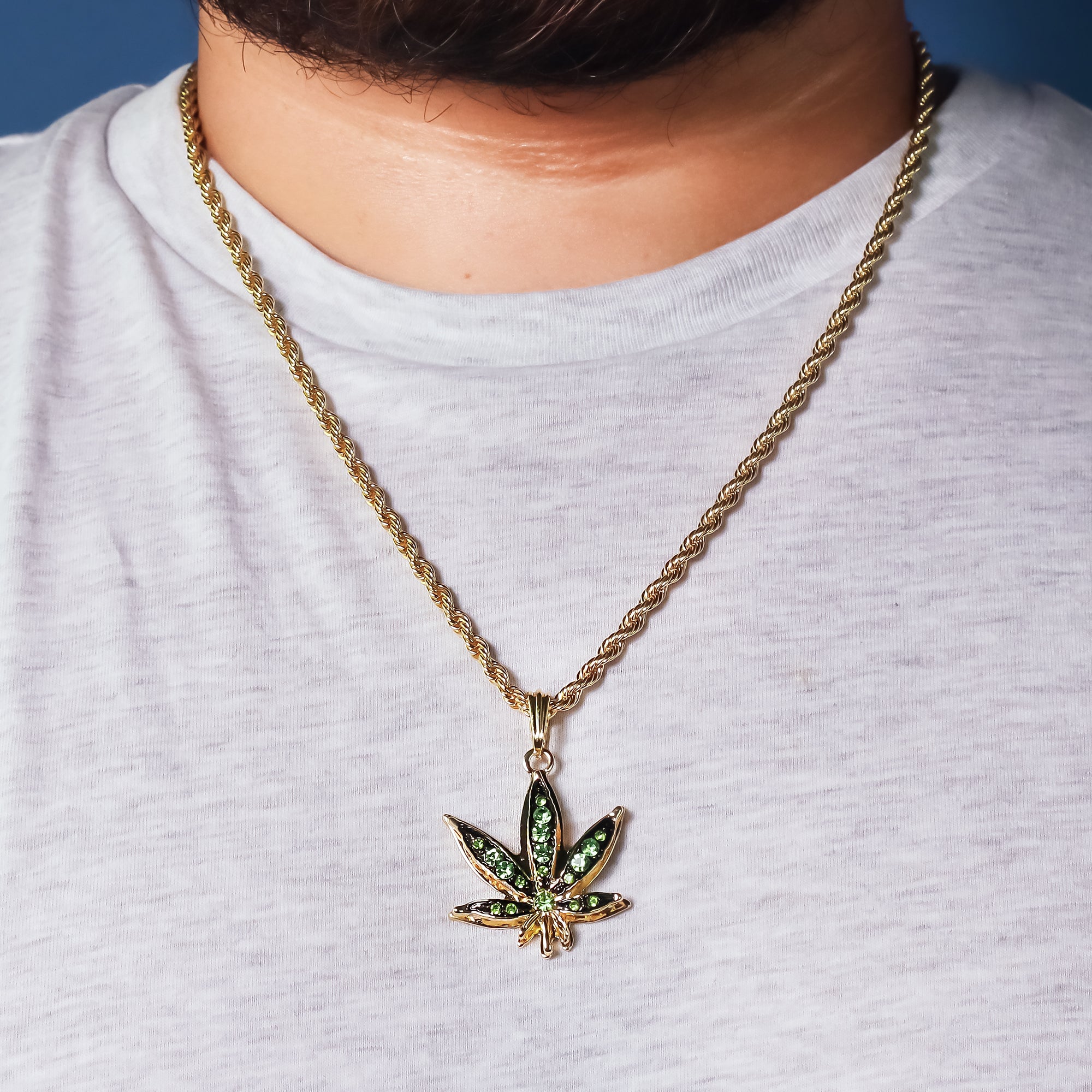 Green Marijuana Pendant 24" Rope Chain Hip Hop 18k Jewelry Necklace