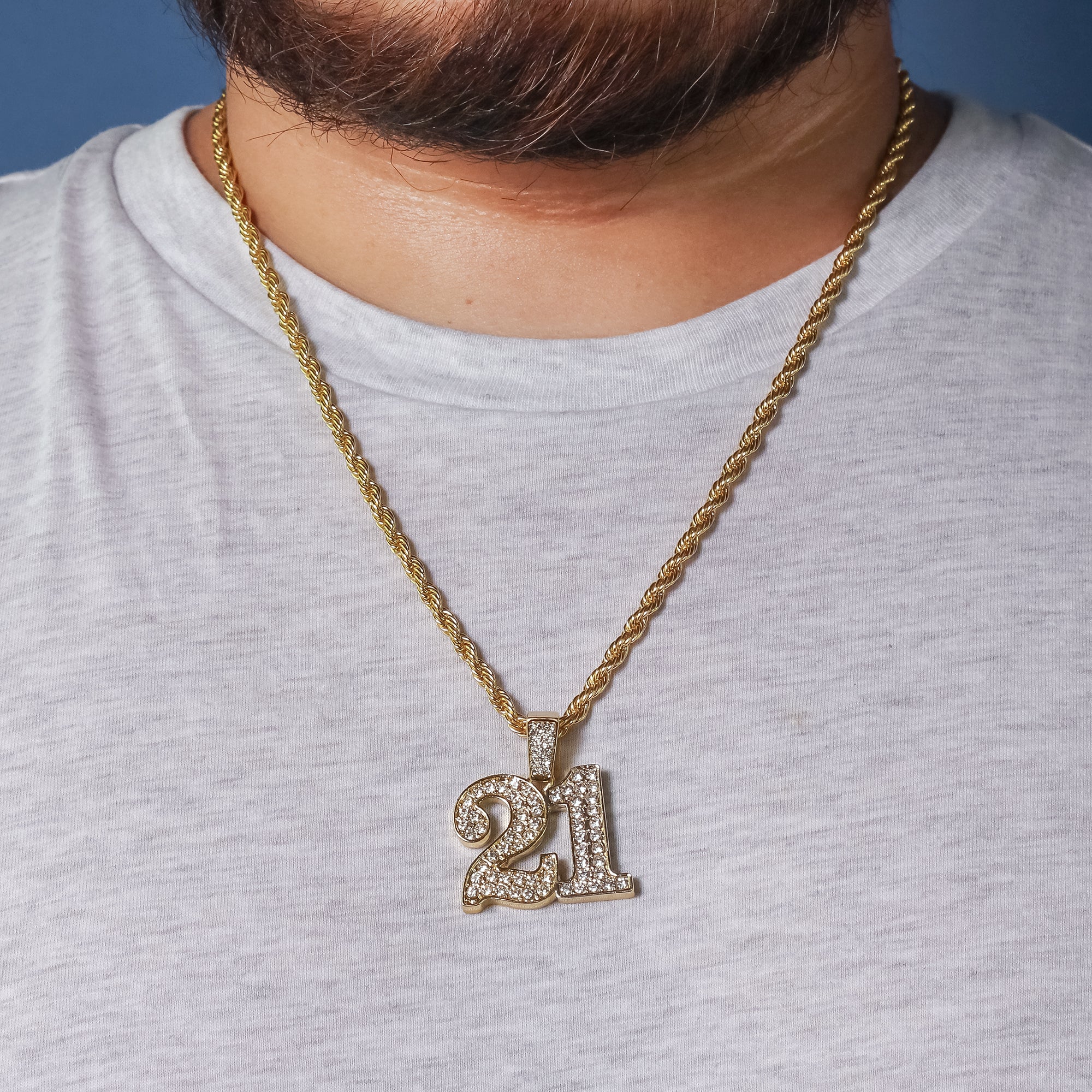 21 Pendant 24" Rope Chain Men's 18k Gold Plated Jewelry