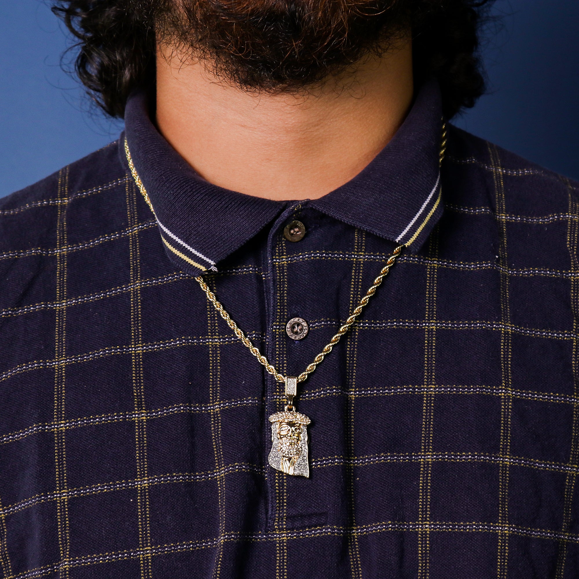 Jesus Stardust Face Pendant 24" Rope Chain Men's 18k Gold Plated Jewelry