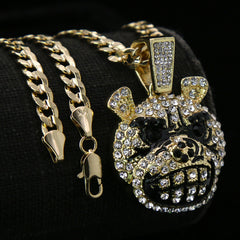 Exquisite Fully Iced Mad Dog Face Head 14k Gold PT Pendant 24" Cuban Chain