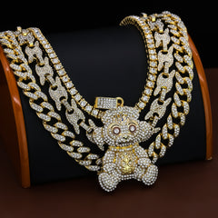 Monkey Cz 4 Pcs Set Puffy Mariner Chain, Tennis Chain & Miami Cuban Chain Bundle Gold PT
