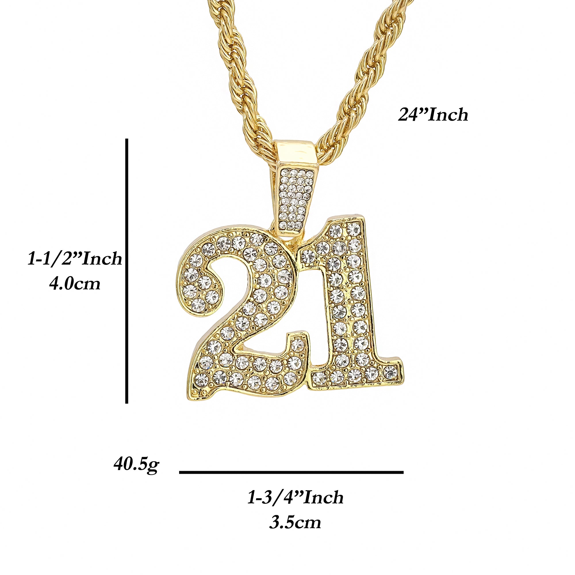 21 Pendant 24" Rope Chain Men's 18k Gold Plated Jewelry