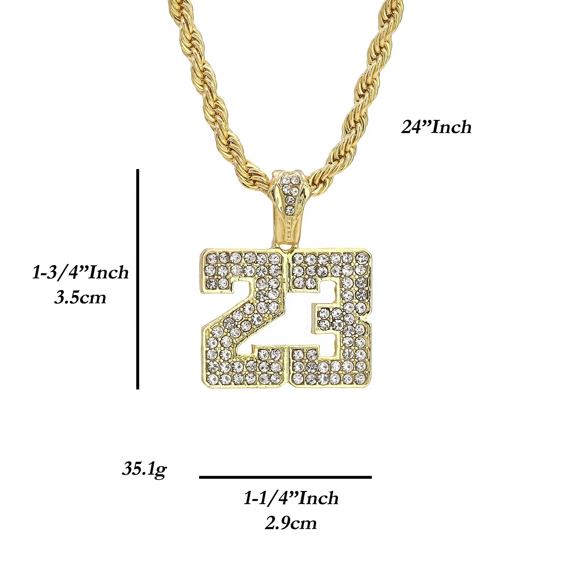 #23 Pendant 24" Rope Chain Men's 18k Gold Plated Jewelry