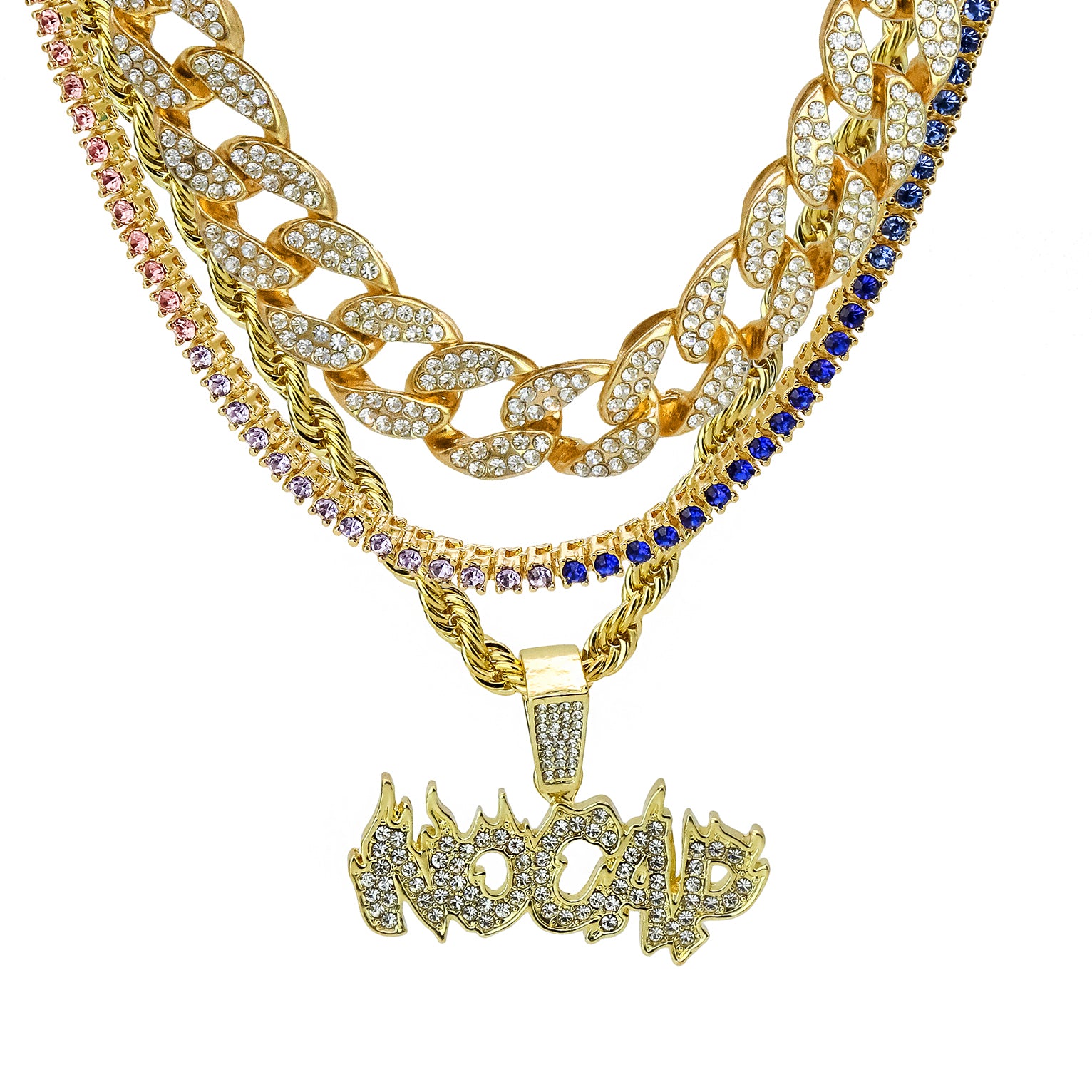 No Cap 4 Pcs Set Cuban, Tennis & Rope Chain Bundle Gold PT