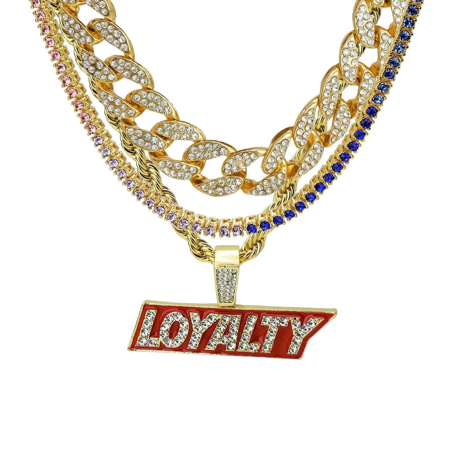 Loyalty 4 Pcs Set Cuban, Tennis & Rope Chain Bundle Gold PT