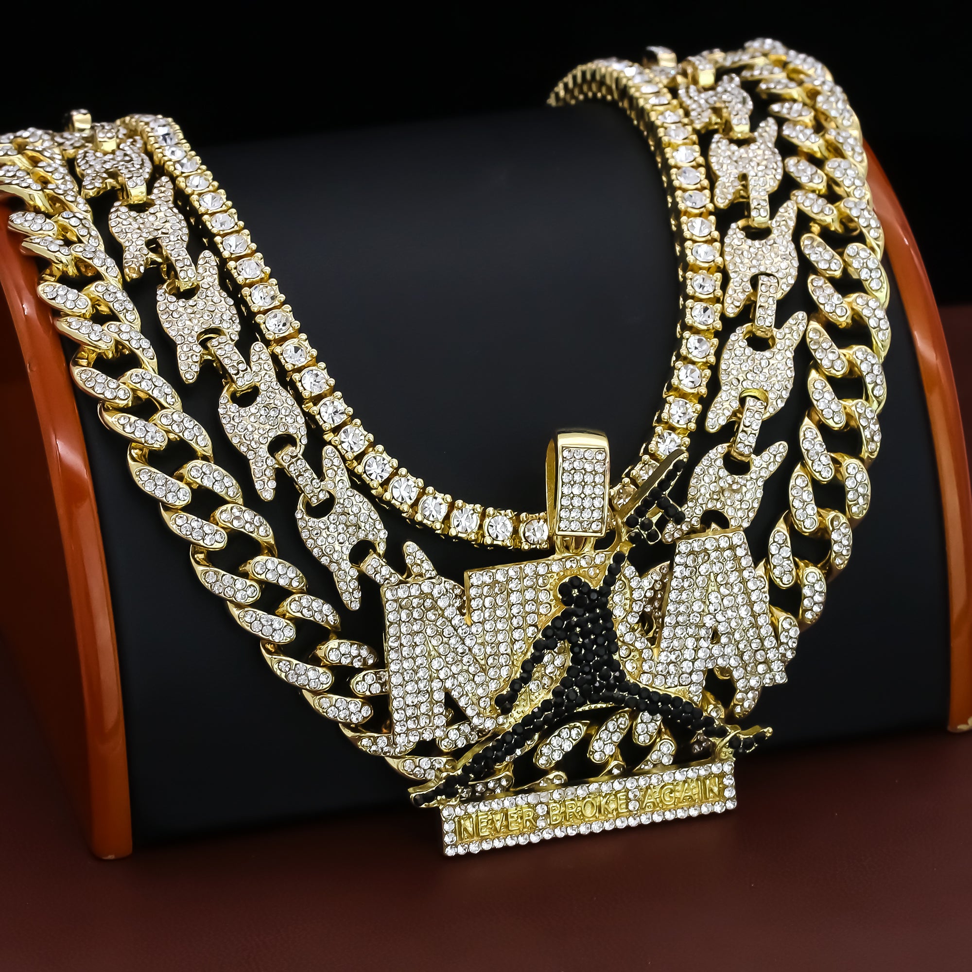 Never Broke Jump Man (BL) Cz 4 Pcs Set Puffy Mariner Chain, Tennis Chain & Miami Cuban Chain Bundle Gold PT
