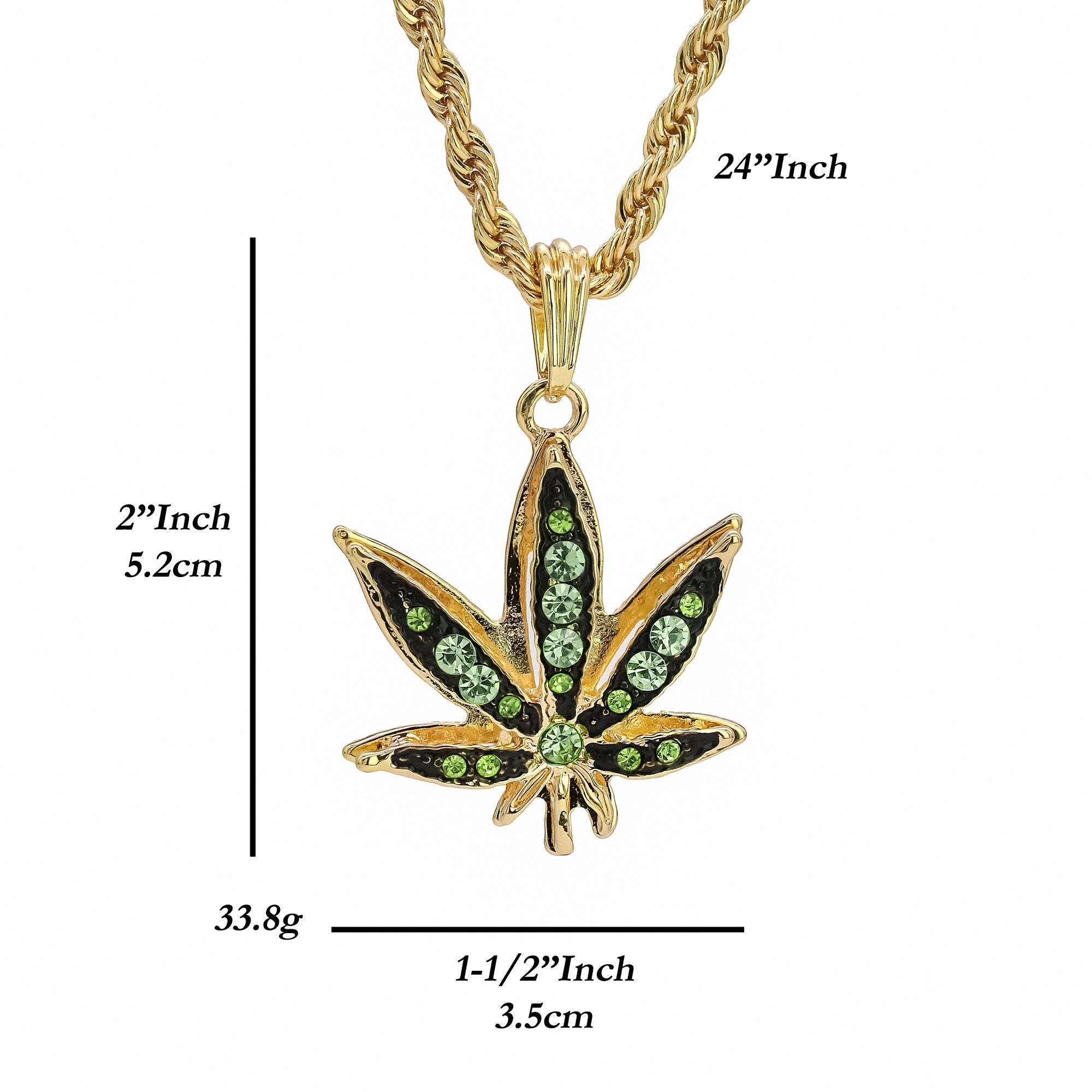Green Marijuana Pendant 24" Rope Chain Hip Hop 18k Jewelry Necklace