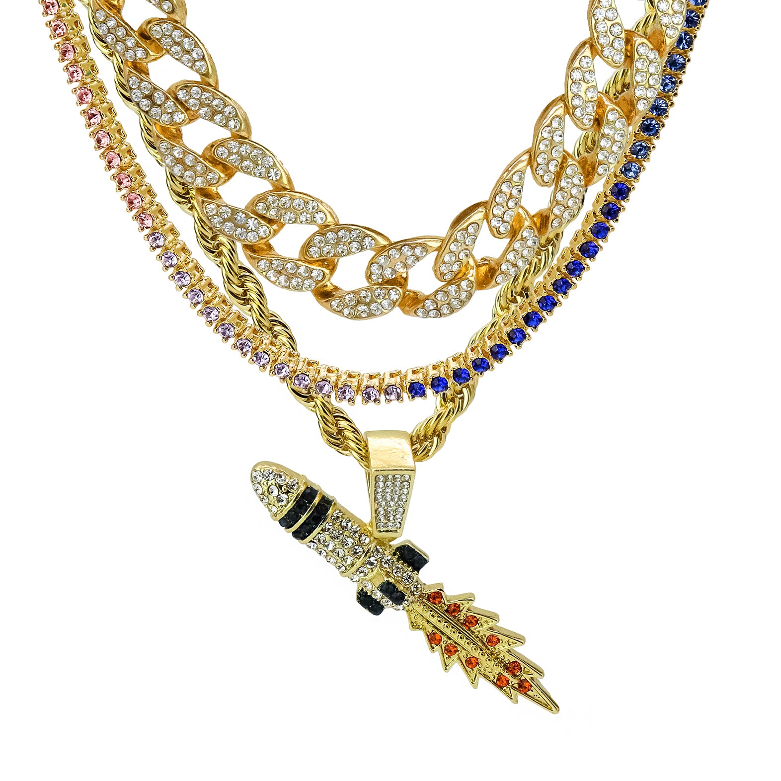 Rocket 4 Pcs Set Cuban, Tennis & Rope Chain Bundle Gold PT