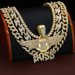 Wing Boss Drip Cz 4 Pcs Set Puffy Mariner Chain, Tennis Chain & Miami Cuban Chain Bundle Gold PT