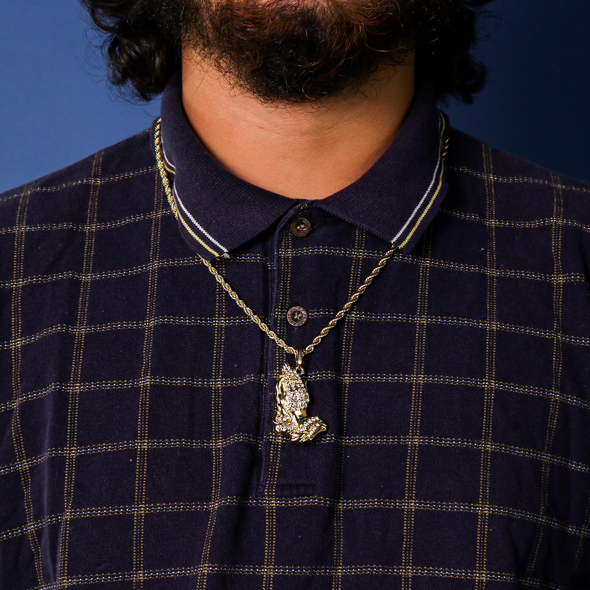 6 god Prayer Hand Pendant 24" Rope Chain Men's 18k Gold Plated Jewelry