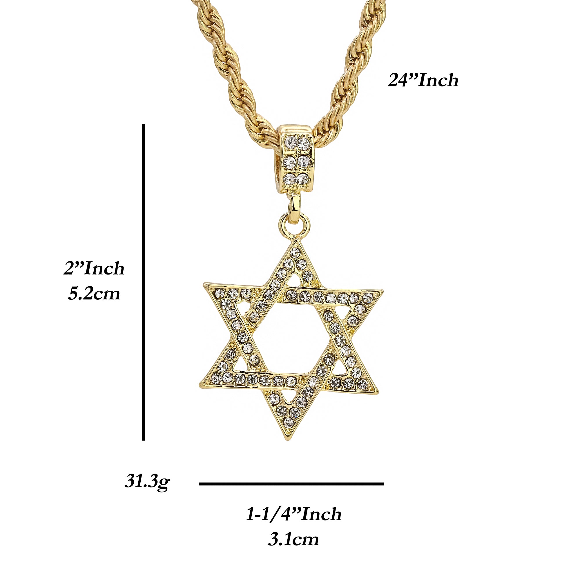 Star Of David Pendant 24" Rope Chain Hip Hop 18k Jewelry Necklace J1