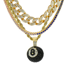 #8 Ball 4 Pcs Set Cuban, Tennis & Rope Chain Bundle Gold PT