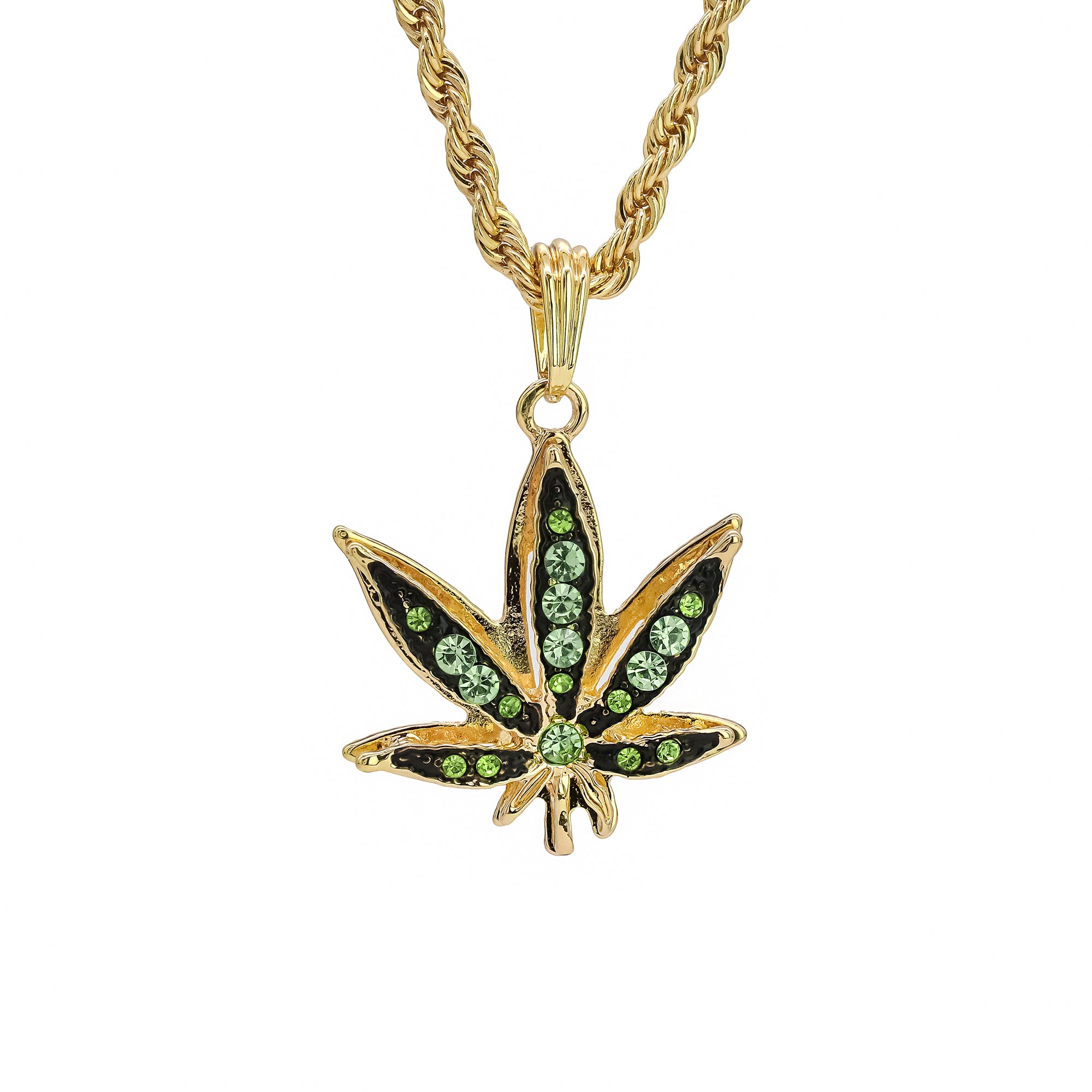 Green Marijuana Pendant 24" Rope Chain Hip Hop 18k Jewelry Necklace