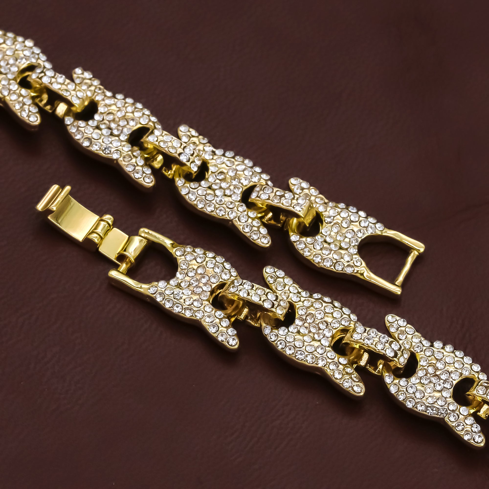 Never Broke Jump Man (BL) Cz 4 Pcs Set Puffy Mariner Chain, Tennis Chain & Miami Cuban Chain Bundle Gold PT