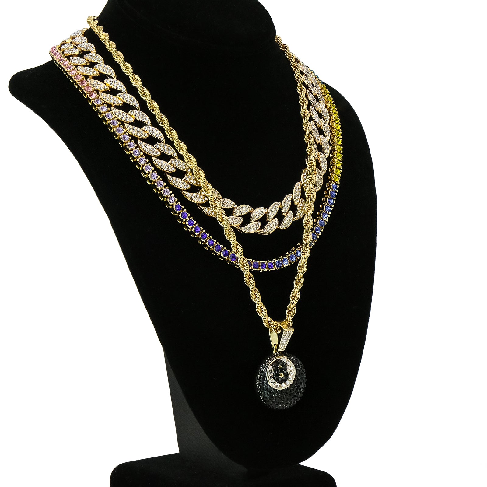 #8 Ball 4 Pcs Set Cuban, Tennis & Rope Chain Bundle Gold PT