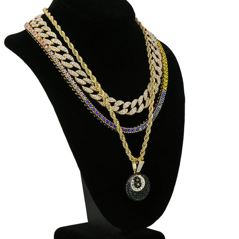 #8 Ball 4 Pcs Set Cuban, Tennis & Rope Chain Bundle Gold PT