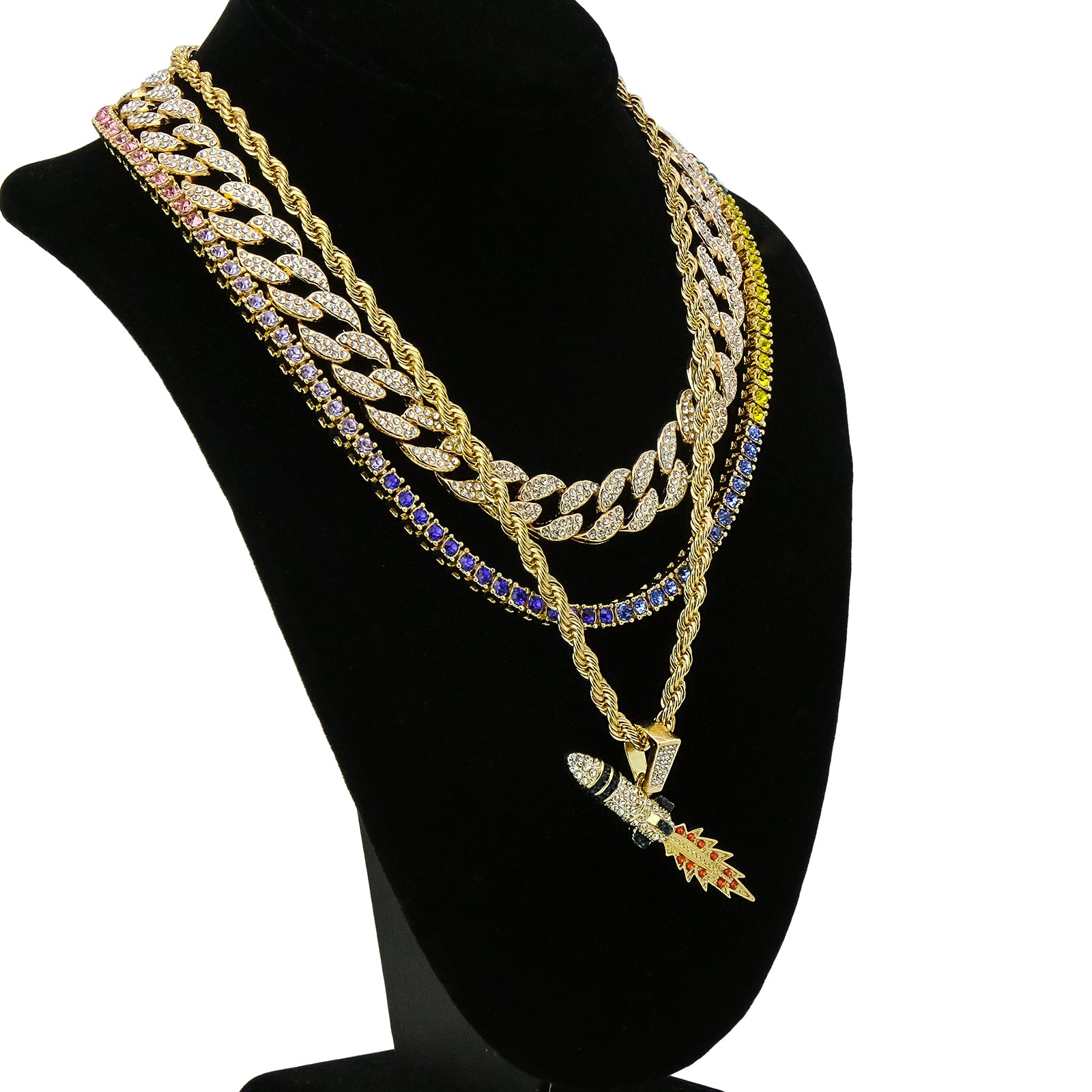 Rocket 4 Pcs Set Cuban, Tennis & Rope Chain Bundle Gold PT