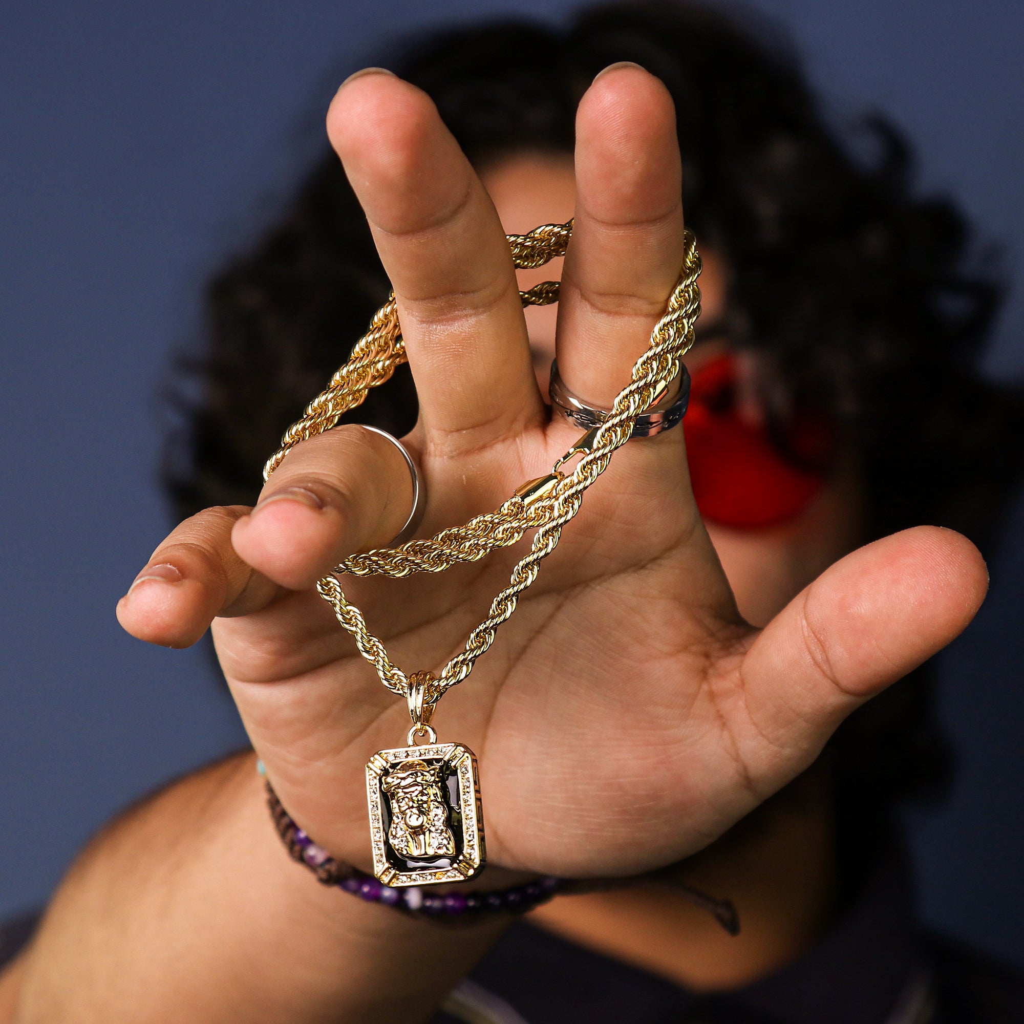 Black Ruby Jesus Face Pendant 24" Rope Chain Men's 18k Gold Plated Jewelry