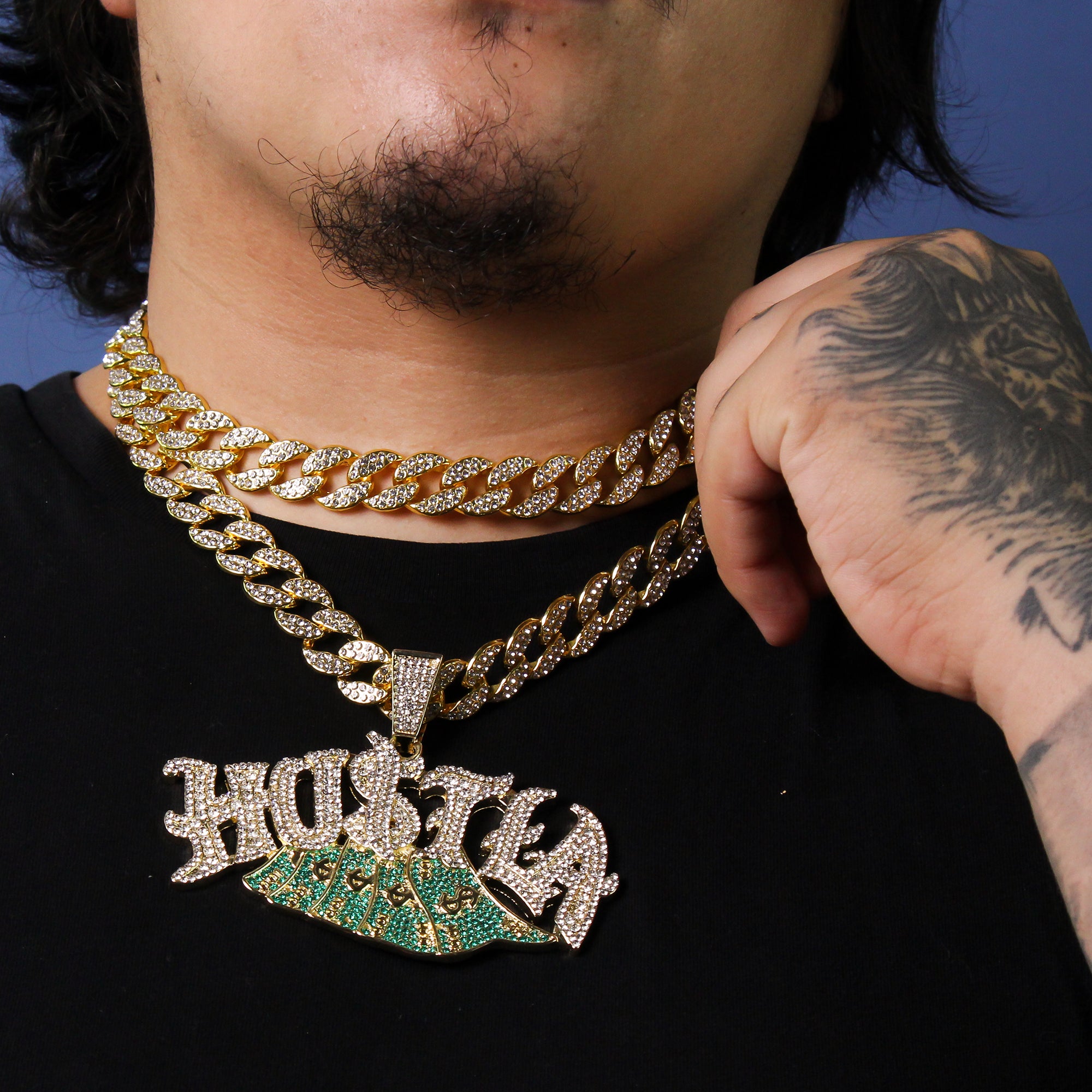 3pc Set – Huge "HUSTLA" Pendant & 15mm Iced Cuban Chains 18"/20" Gold