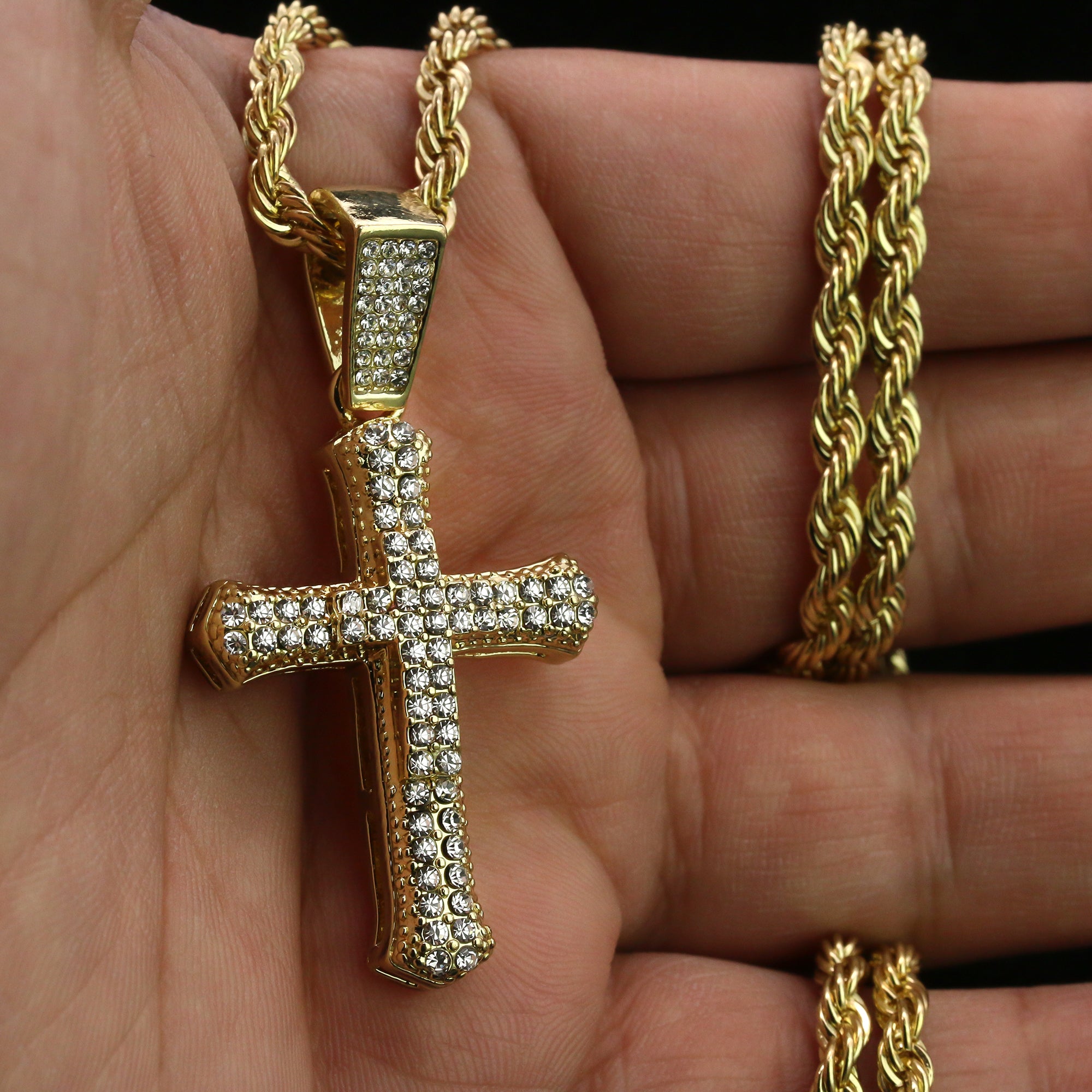 Sharp Two Cross Pendant 24" Rope Chain Hip Hop 18k Cz Jewelry Necklace