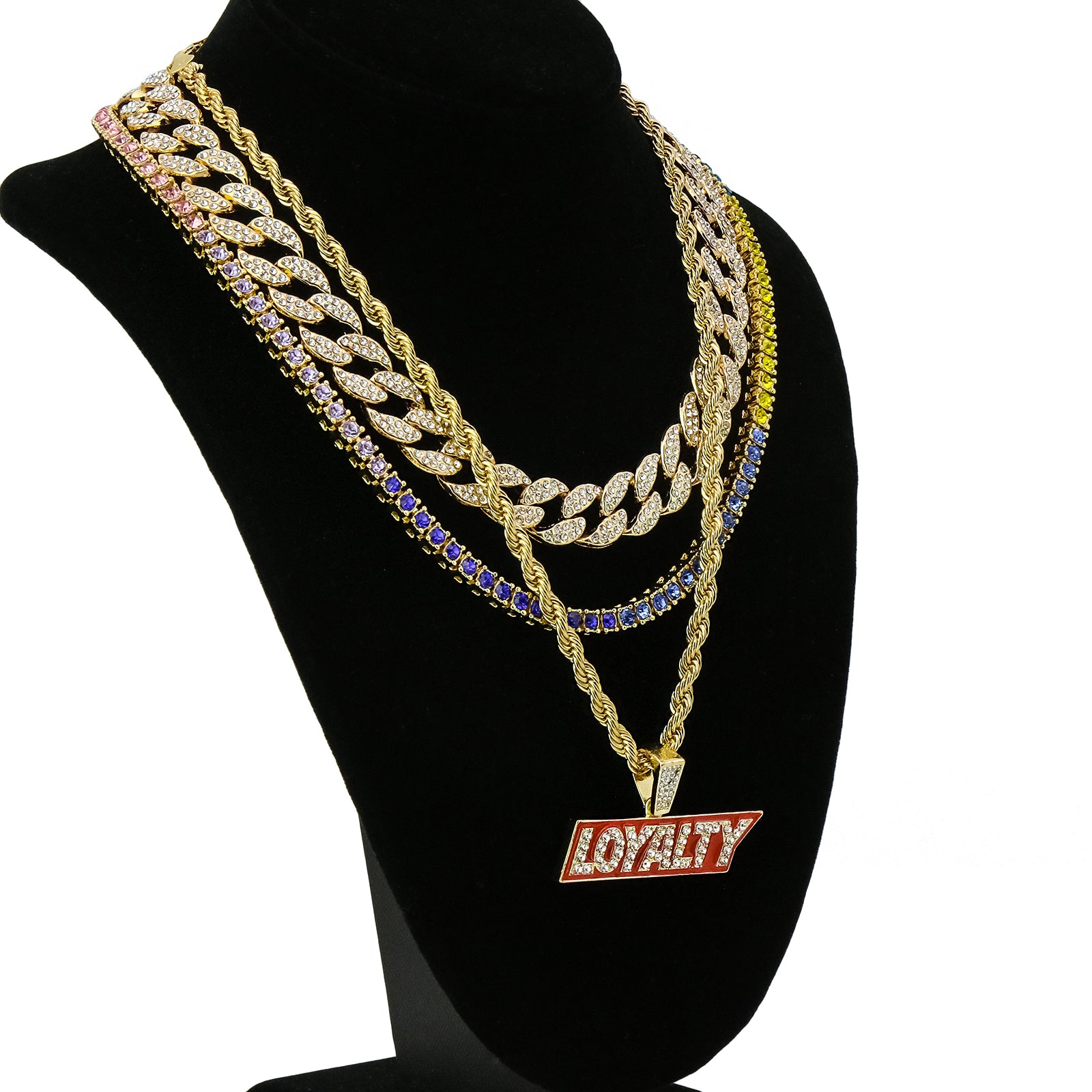 Loyalty 4 Pcs Set Cuban, Tennis & Rope Chain Bundle Gold PT