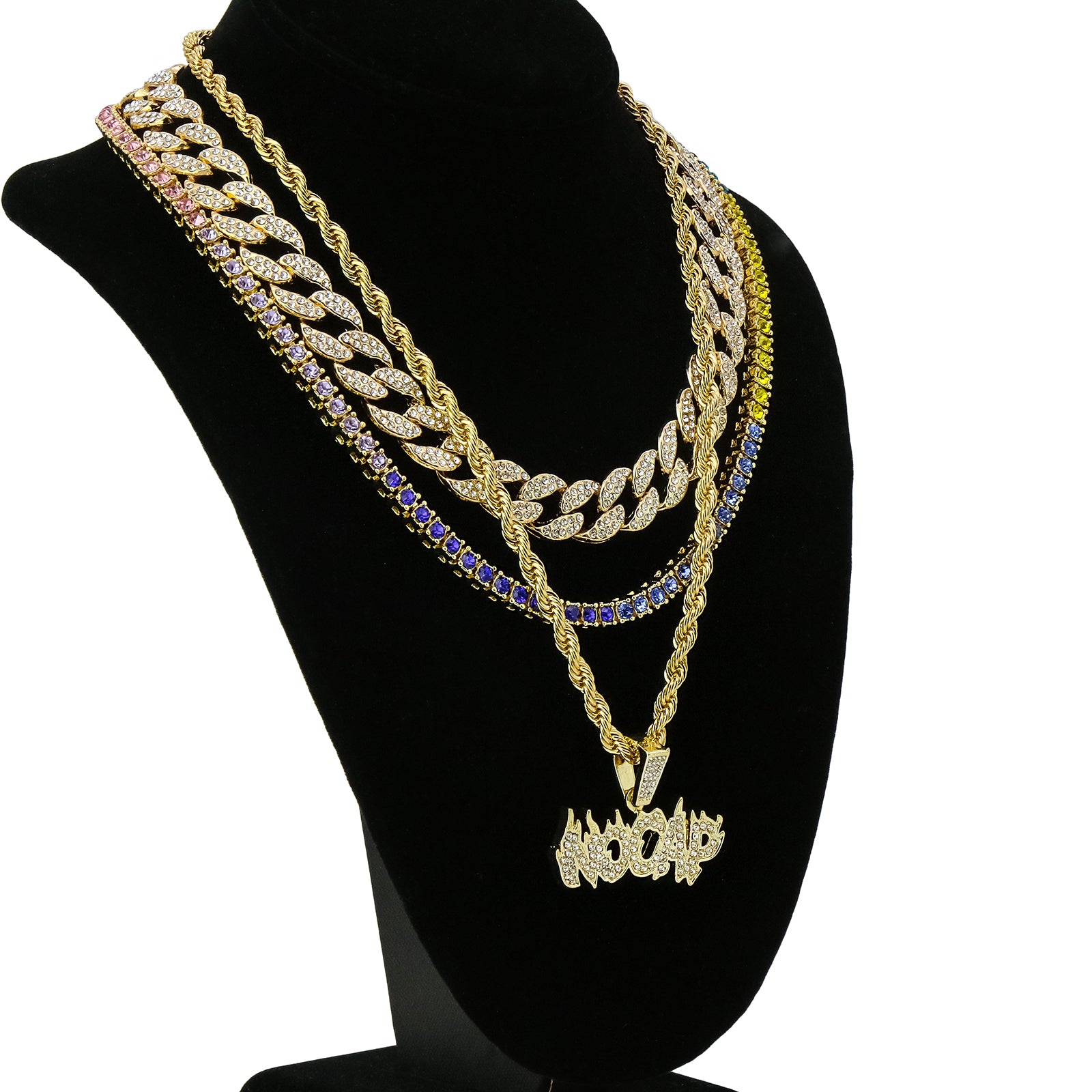 No Cap 4 Pcs Set Cuban, Tennis & Rope Chain Bundle Gold PT